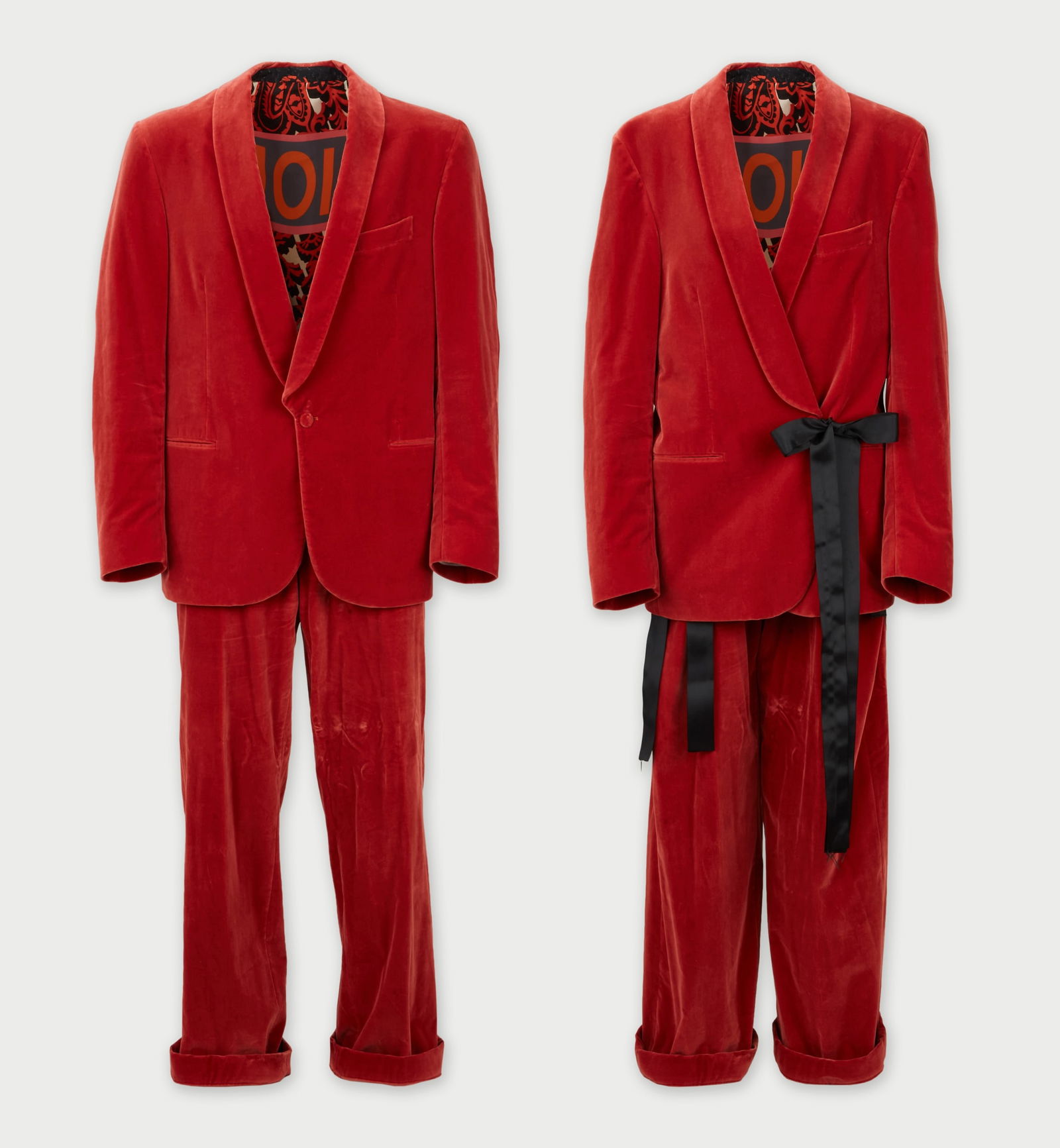 Etro | 2022 Fall Red Velvet Suit: A red velvet jacket and dress pants ensemble designed by Etro Milano, for the Fall 2022 menswear (look 8), From the collection of Cameron Silver. Diplo, a DJ and producer, was also seen wearing this