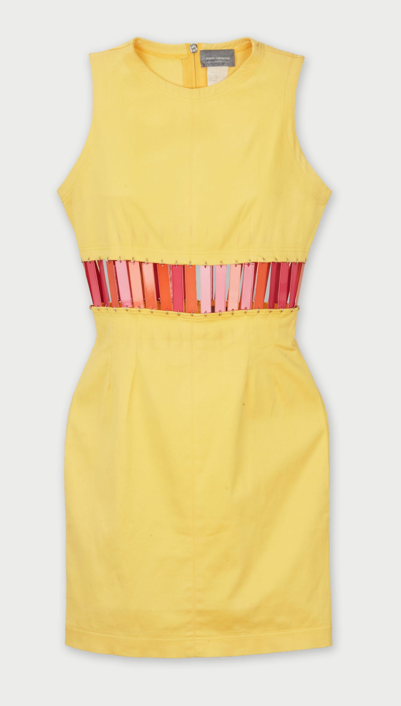 Paco Rabanne | 1990s Mod-Inspired Short Dress (Midriff Detail): Paco Rabanne 1990s Mod-Inspired Short Dress.Sleeveless yellow cotton mini dress, featuring a fitted silhouette and high round neckline. The dress has a signature midriff cutout panel assembled with