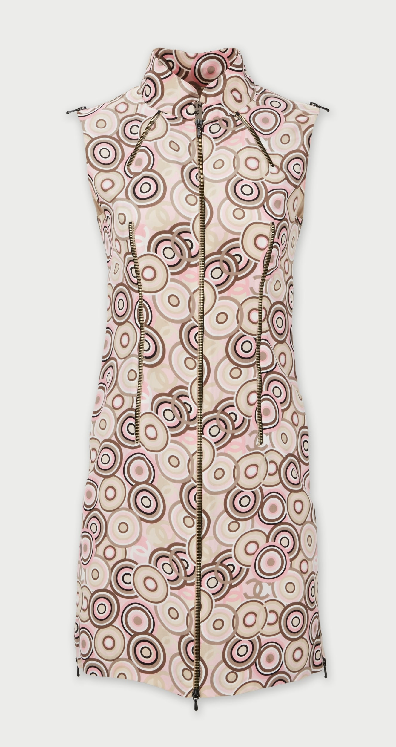 Chanel | Spring 2001 Geometric-Print Silk Dress: Chanel geometric-print silk dress designed by Karl Lagerfeld for the spring 2001 runway show.Chanel sleeveless zip-front dress featuring a geometric circle print in soft pink, cream, and black tones.