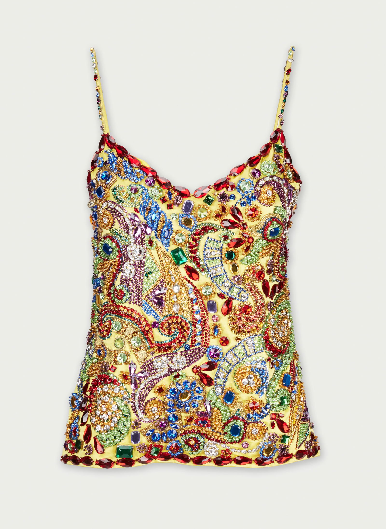 Dolce and Gabbana | Special Edition Embellished Camisole : This is a special edition Dolce and Gabbana embellished silk camisole from the 2010s featuring elaborate surface design sewn on yellow silk. The interior is fully lined with matching yellow silk with