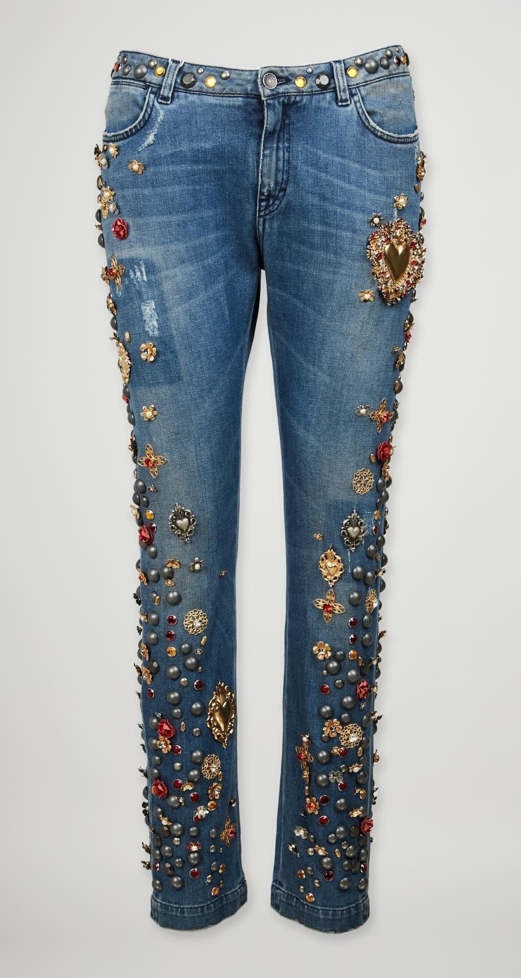 Dolce and Gabbana | Spring 2015 Embellished Boyfriend Jeans: Dolce and Gabbana embellished boyfriend jeans designed for the Spring 2015 runway collection look 22. A pair of medium-wash low-rise boyfriend jeans with a loose fit that tapers in at the lower