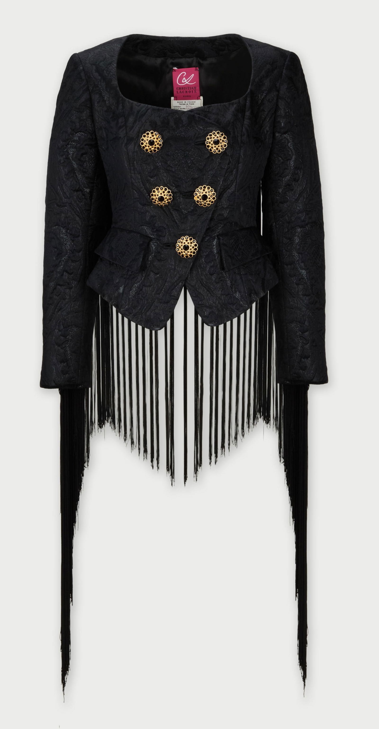 Christian LaCroix | 1991 Cropped Embroidered Tassel Jacket: Christian Lacroix Paris black heart embroidered fringe crop jacket from the Fall Winter 1991 Haute Couture Runway in Paris France. A silk brocade textured jacquard jacket, featuring a scoop