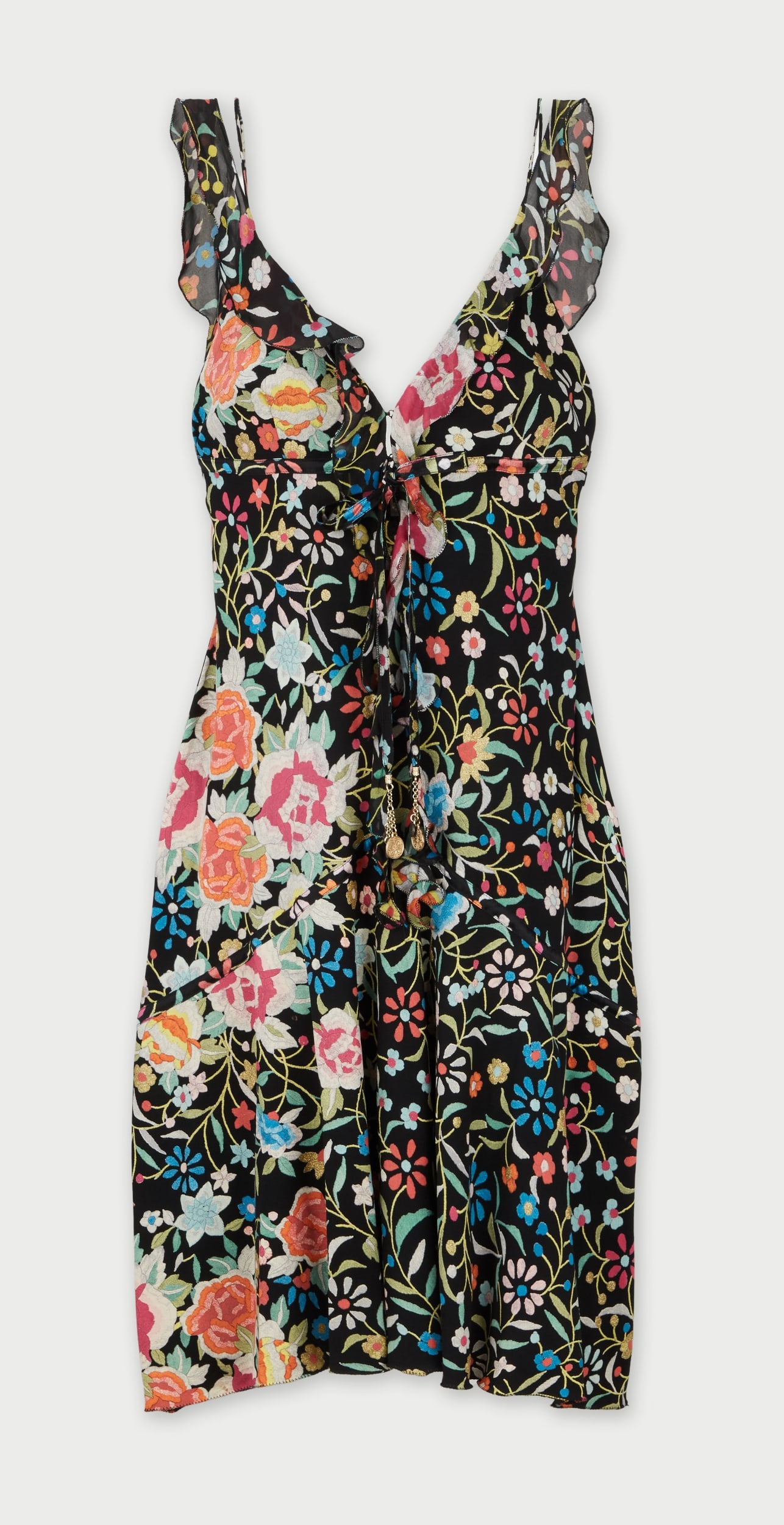 Roberto Cavalli | 2004 Trompe L’Oeil Canton Embroidered Slip Dress: Roberto Cavalli 2004 Trompe L’Oeil Canton Embroidered Slip Dress.A sleeveless Silk crepe blend mini dress with an allover floral print, featuring spaghetti straps with ruffles over it. A shaped