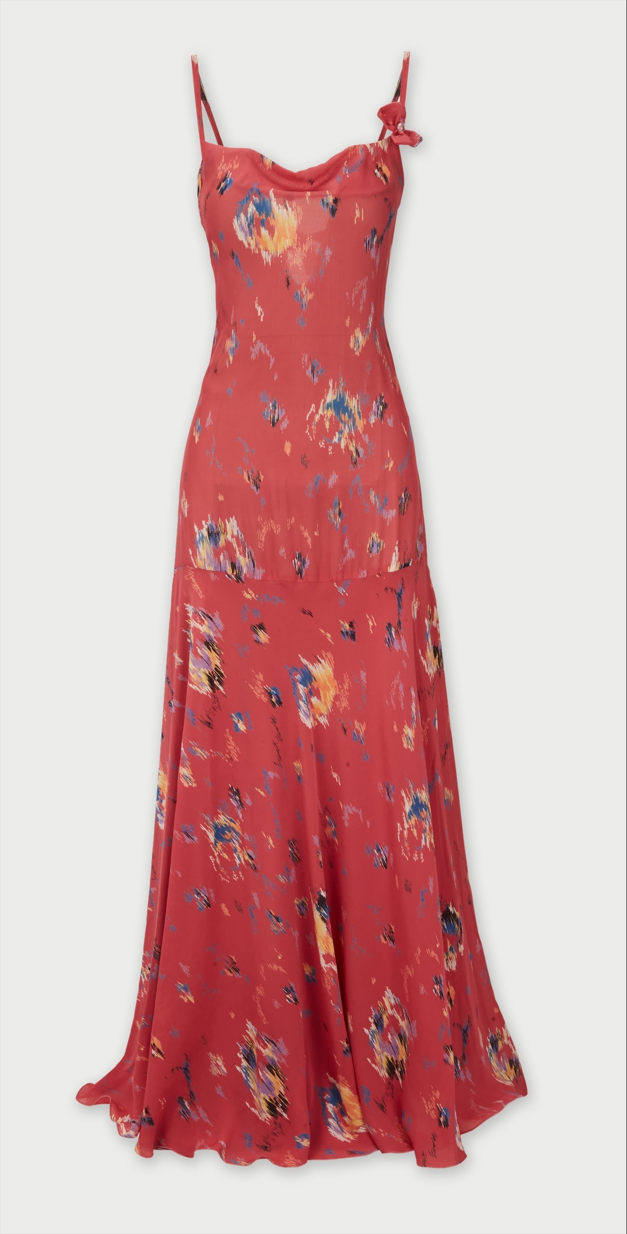 Roberto Cavalli | Ikat Patterned Evening Gown: Roberto Cavalli backless pink ikat patterned gown from the Art Collection cera 2000s.A Synthetic crepe lined in nylon and poly blend floor length dress in lightweight printed chiffon. Featuring narrow