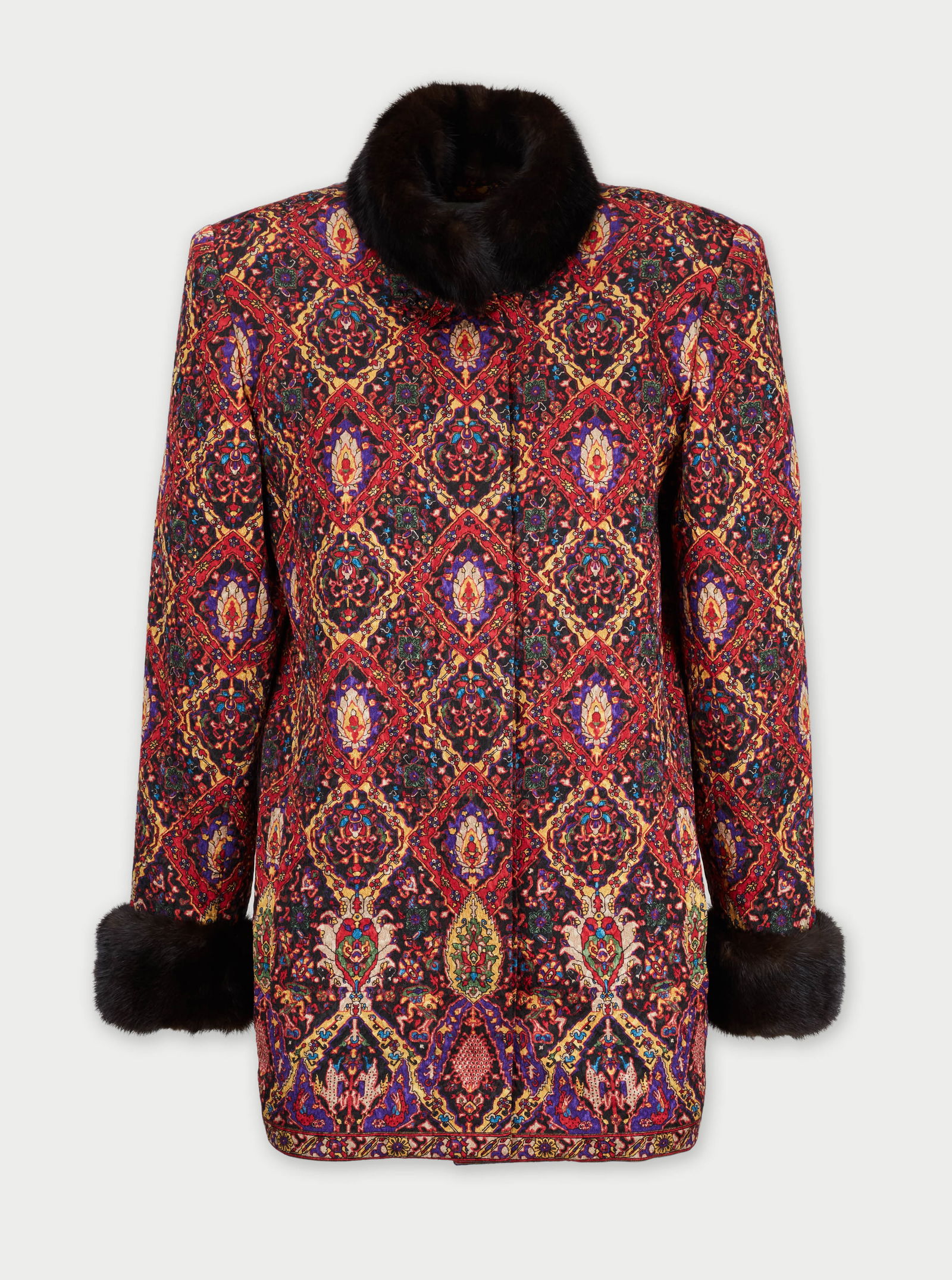 Nina Ricci Paris | Overcoat: Nina Ricci Paris overcoat.A multi-tonal silk jacquard tapestry with a vibrant geometric diamond-and-floral pattern in shades of crimson, gold, purple, blue, and emerald. Mink fur trim at the collar