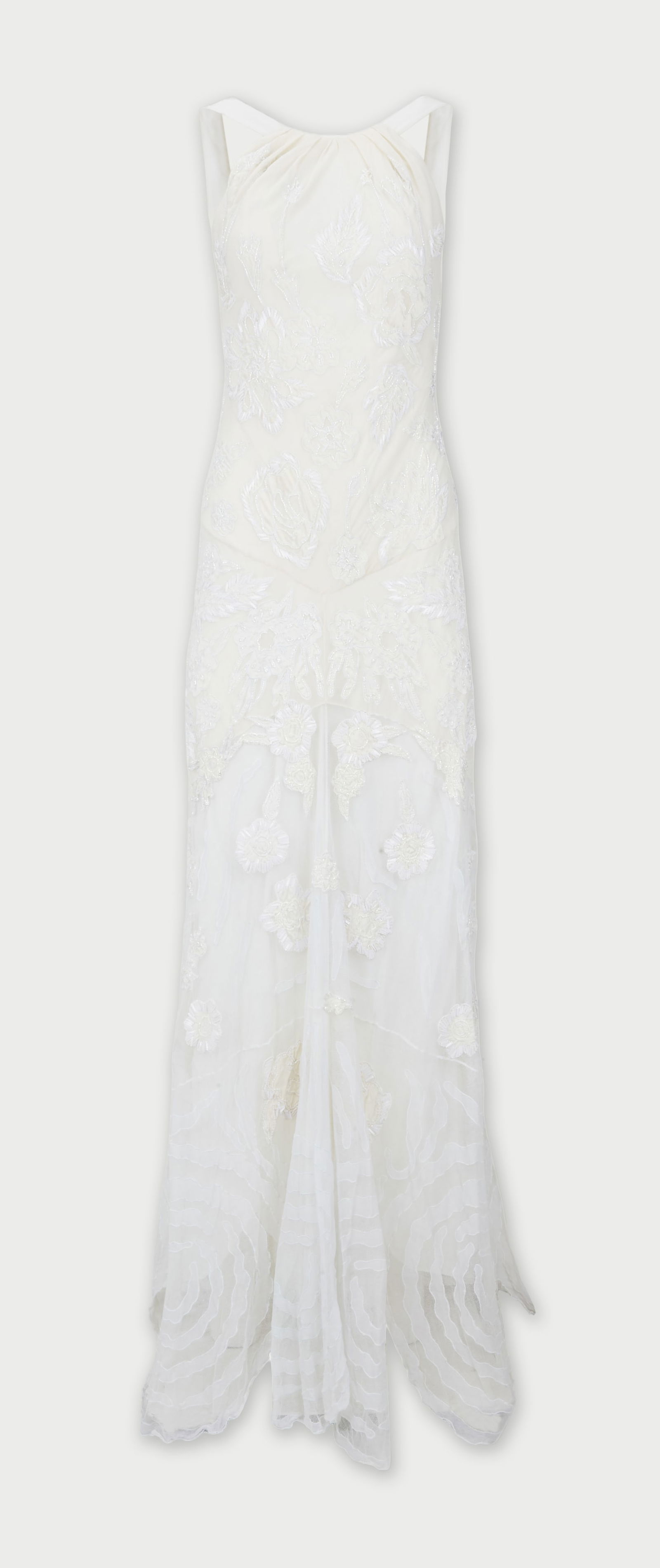 Roberto Cavalli | 2003 Beaded Embroidered Wedding Gown: Roberto Cavalli beaded embroidered wedding gown from 2003.A white halter-neck gown with delicate floral embroidery over sheer tulle, featuring a fitted bodice, open back with a deep V, central back