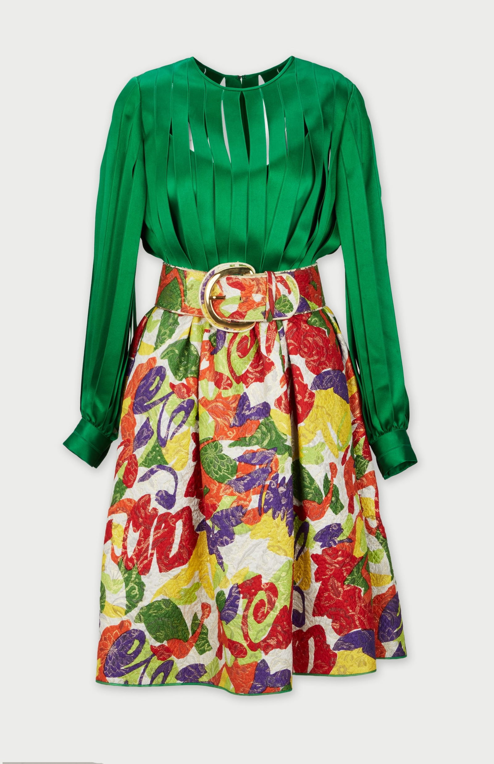 James Galanos | 1970s Floral Patterned Evening Dress: James Galanos cerca 1970s Floral-Patterned Evening Dress.The dress features a green silk bodice, with overlay slit panels forming the bodice and sleeves. It has a low waistline and an open silk