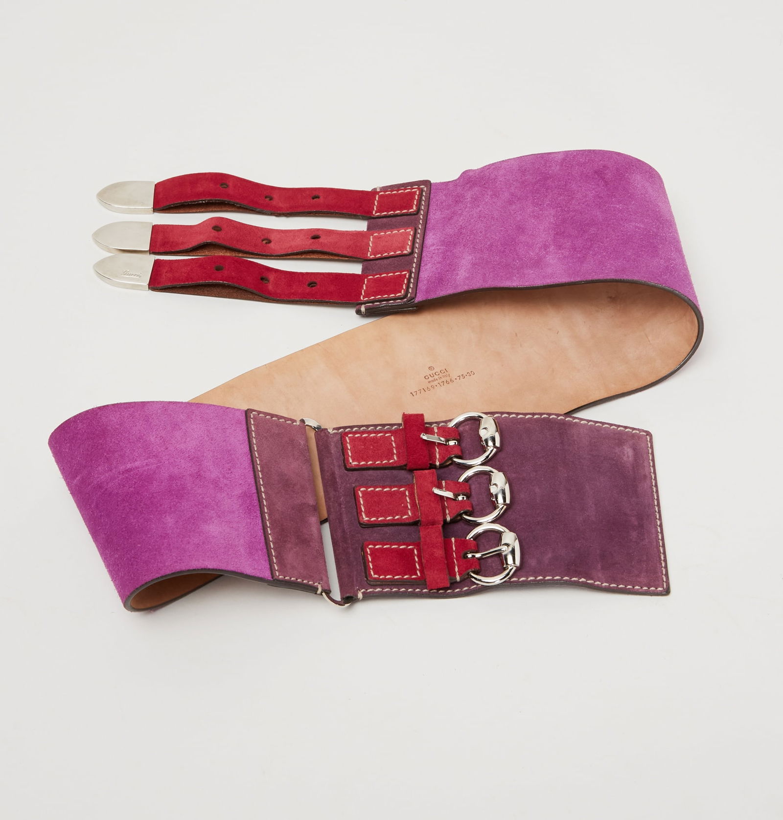 Gucci | 2007 Spring Suede Belt: Gucci wide suede belt by Frida Giannini from the Spring 2007 Ready to Wear collection. Modeled by Freja Beha Erichsen (Look 13).This purple suede belt features three tones of purple and a detailed