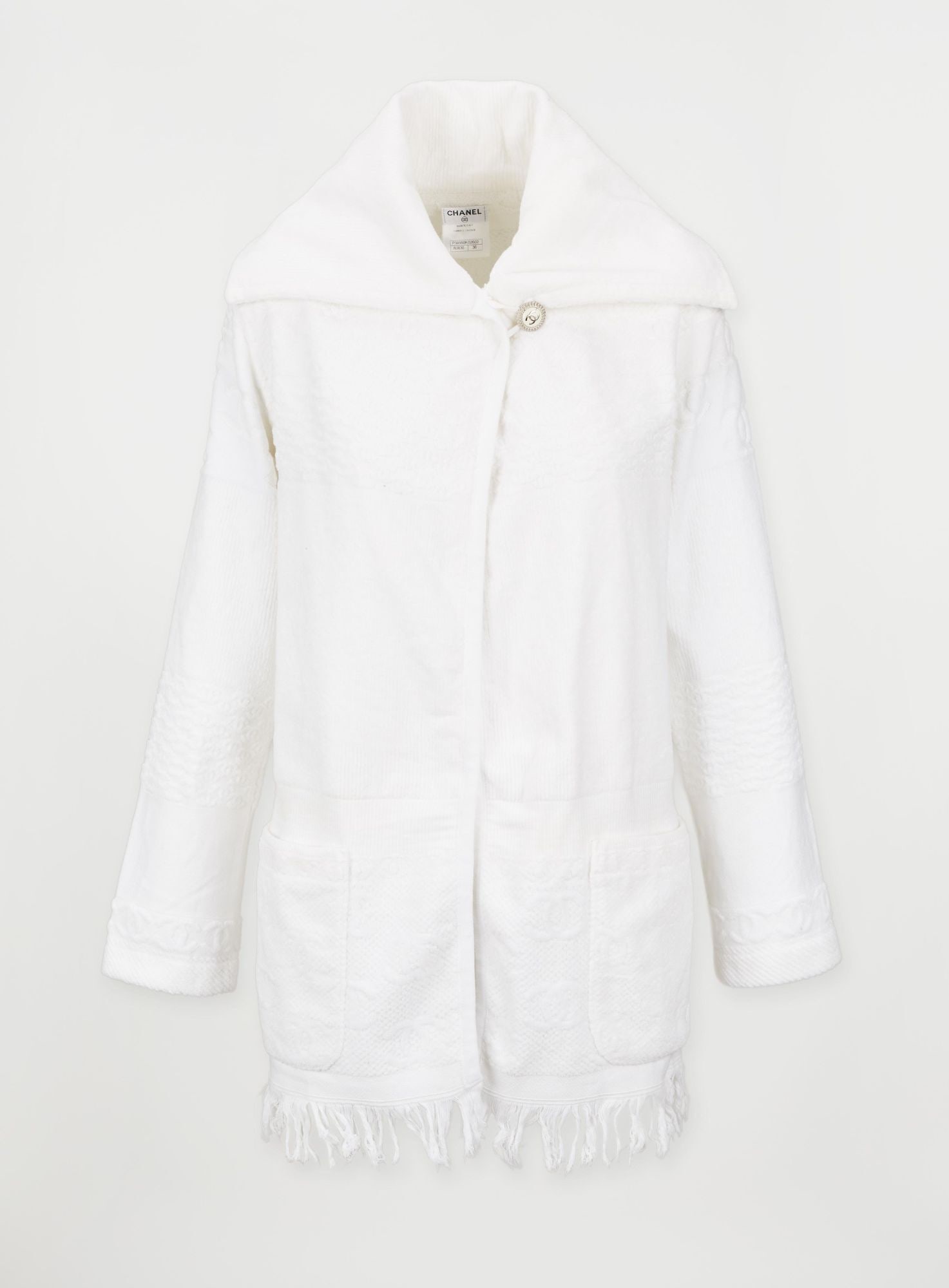 Chanel | Resort Monogram Chenille Cover-Up: This is a Chanel cotton chenille cover-up, untailored A-line silhouette with a single button closure located at the neckline. The design features a widespread collar with sloped shoulders, loose