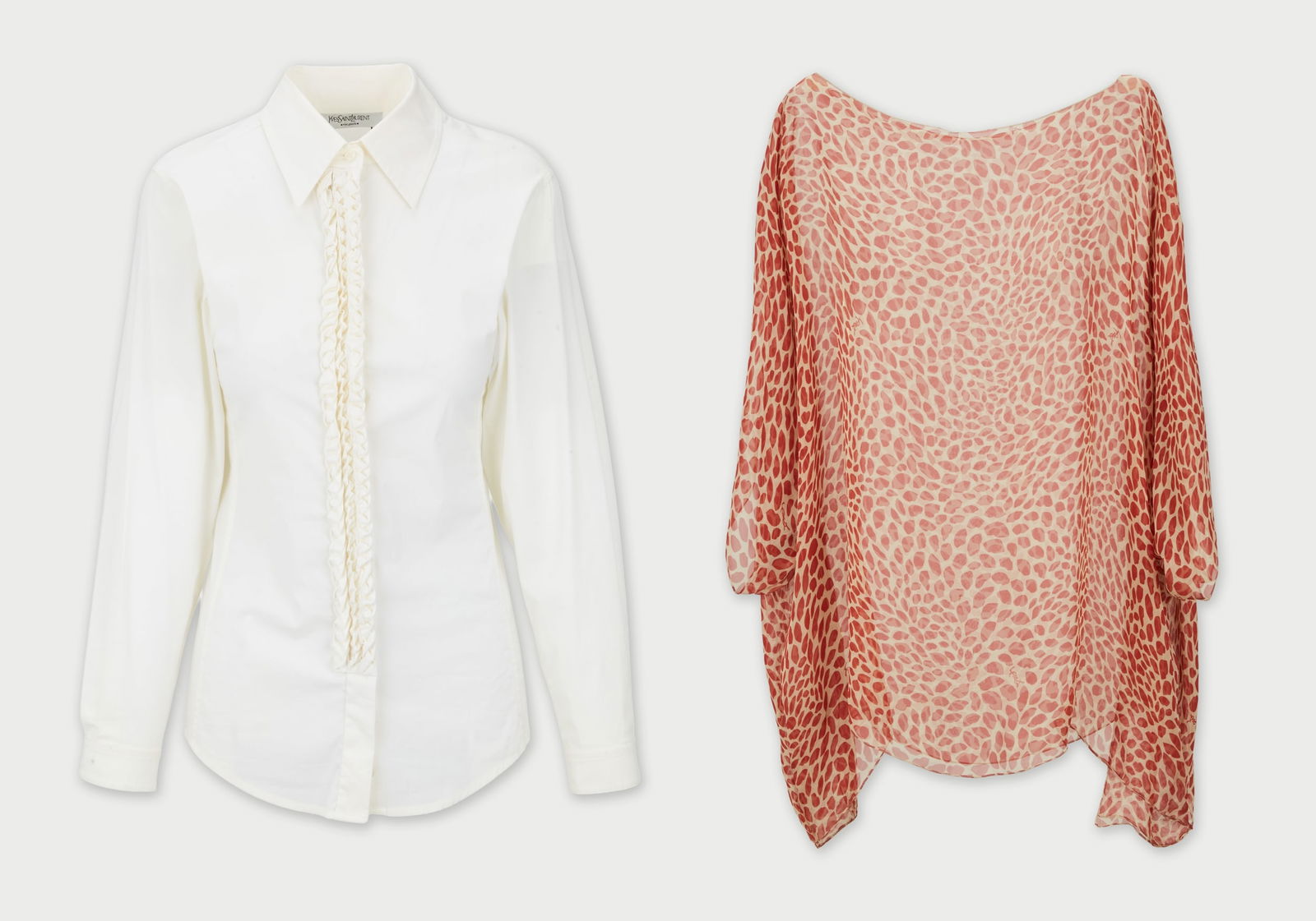 Yves Saint Laurent | Collection Tops: An offering of Yves Saint Laurent blouses. One ruffled button up blouse designed by Stefano Pilati circa 2006, another a poncho-style lip-print from Tom Ford for YSL circa 2004.First, the cream