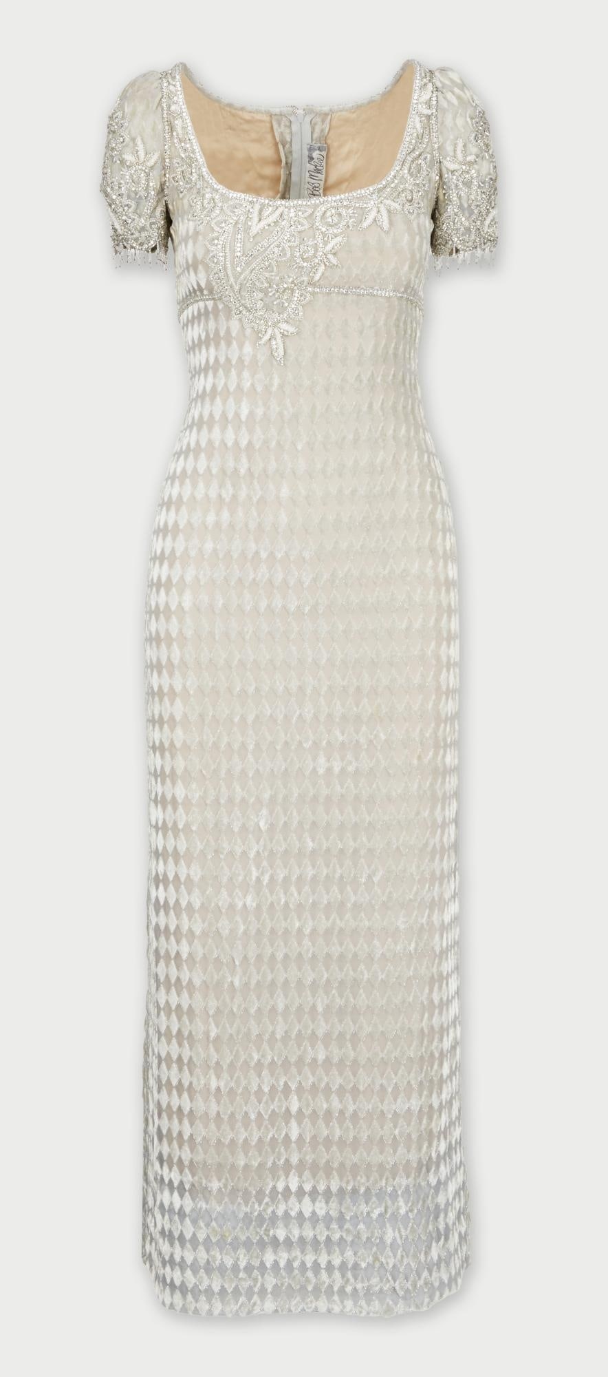 Bob Mackie | Velvet Devore Regency Style Evening Gown: This is a Bob Mackie Regency style velvet devore evening gown with beaded embroidery on at the bust, waist, and sleeves. The gown has a low-scoop neckline trimmed with embellishment composed of a