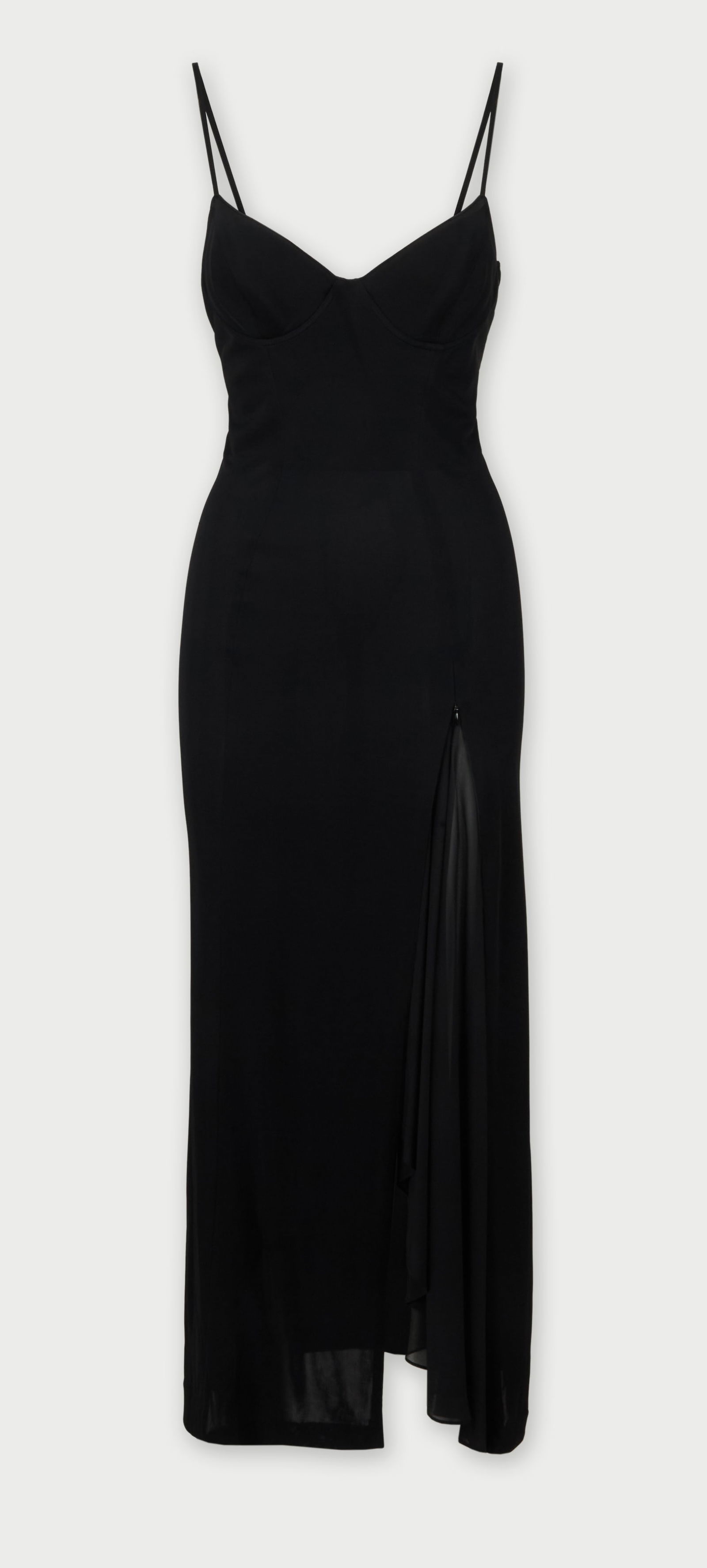 Mugler | 90s Black Slip Dress: This is a black bodycon mid-length slip dress with built-in underwire by Mugler.A black polyester blend slip-style dress with spaghetti straps, built-in underwire, defined waist, fitted hips, and a