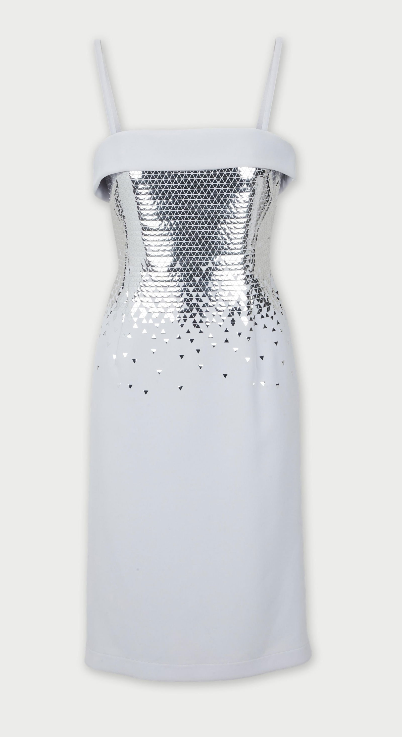 Thierry Mugler | 2001 White Geometric Foil Evening Dress: Thierry Mugler Couture Silver Foil Embellished Dress from 2001 designed by Manfred Thierry Mugler.Strapless off-white crepe blend knee-length dress, featuring a straight folded neckline with internal