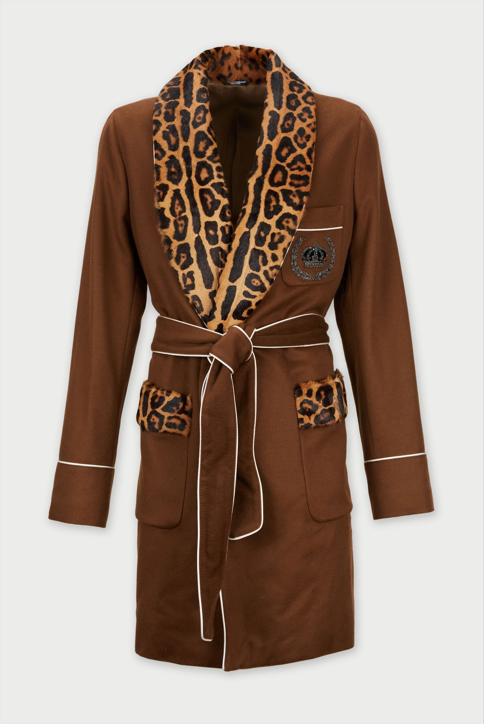 Dolce and Gabbana | Cheeta Print Cashmere Coat: A striking, mid-length robe-styled coat designed by Dolce & Gabbana, from the collection of Cameron Silver. The rich brown cashmere blend coat features a contrasting, wide shawl collar in