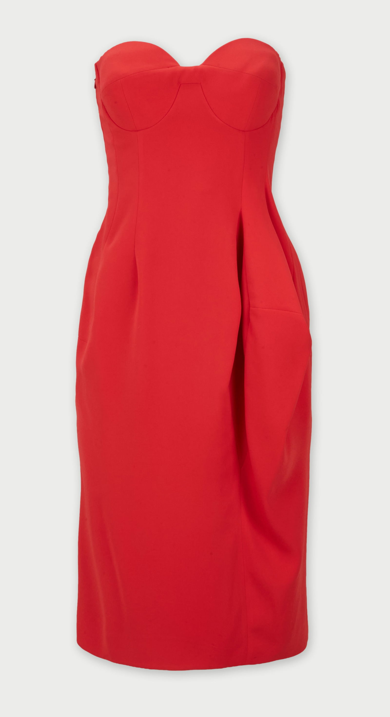 Jil Sander | 2012 Fall Red Cocktail Midi Dress: Jil Sander cocktail midi dress from the Fall 2012 Ready to Wear Collection by Raff Simons. Modeled by Sigrid Agren (look 13) in purple. The strapless synthetic crepe red dress has a structured