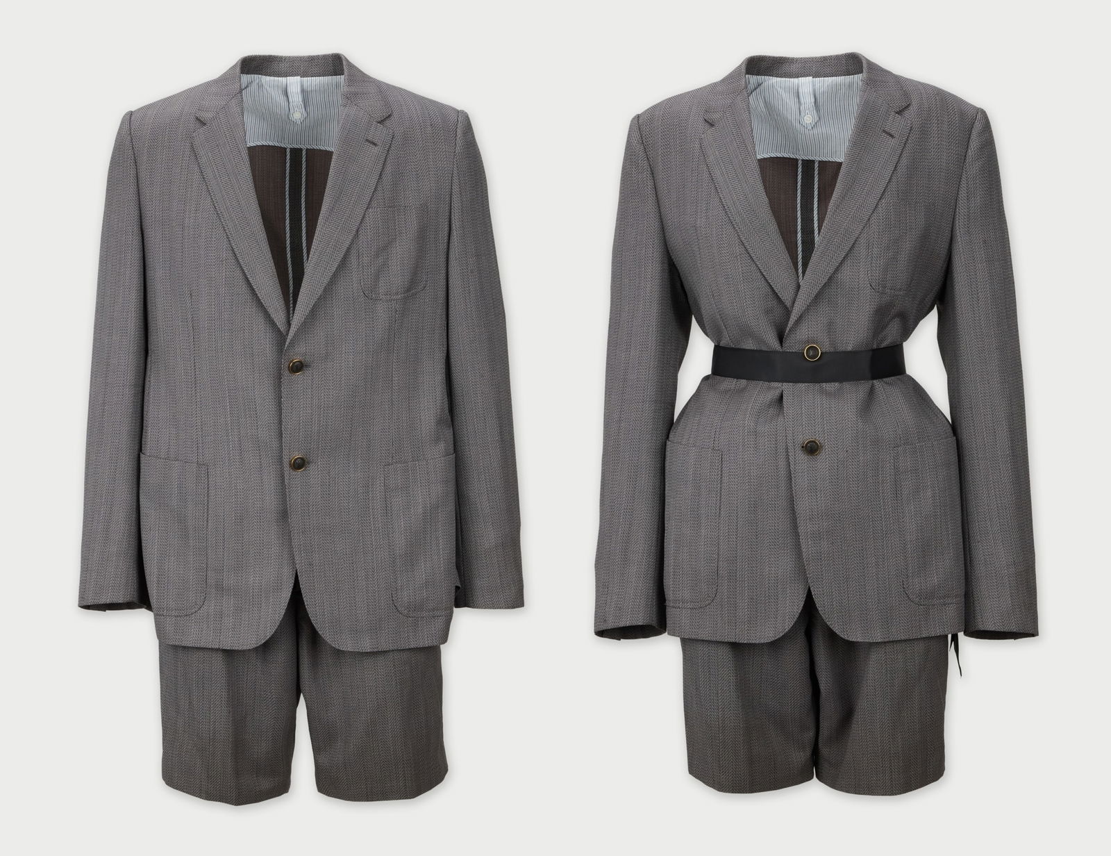 Louis Vuitton | Grey Jacket and Shorts Ensemble : A suit jacket and tailored shorts ensemble designed by Louis Vuitton, from the collection of Cameron Silver. Made from a wool-blend with a grey and red textured weave, this two-button jacket is