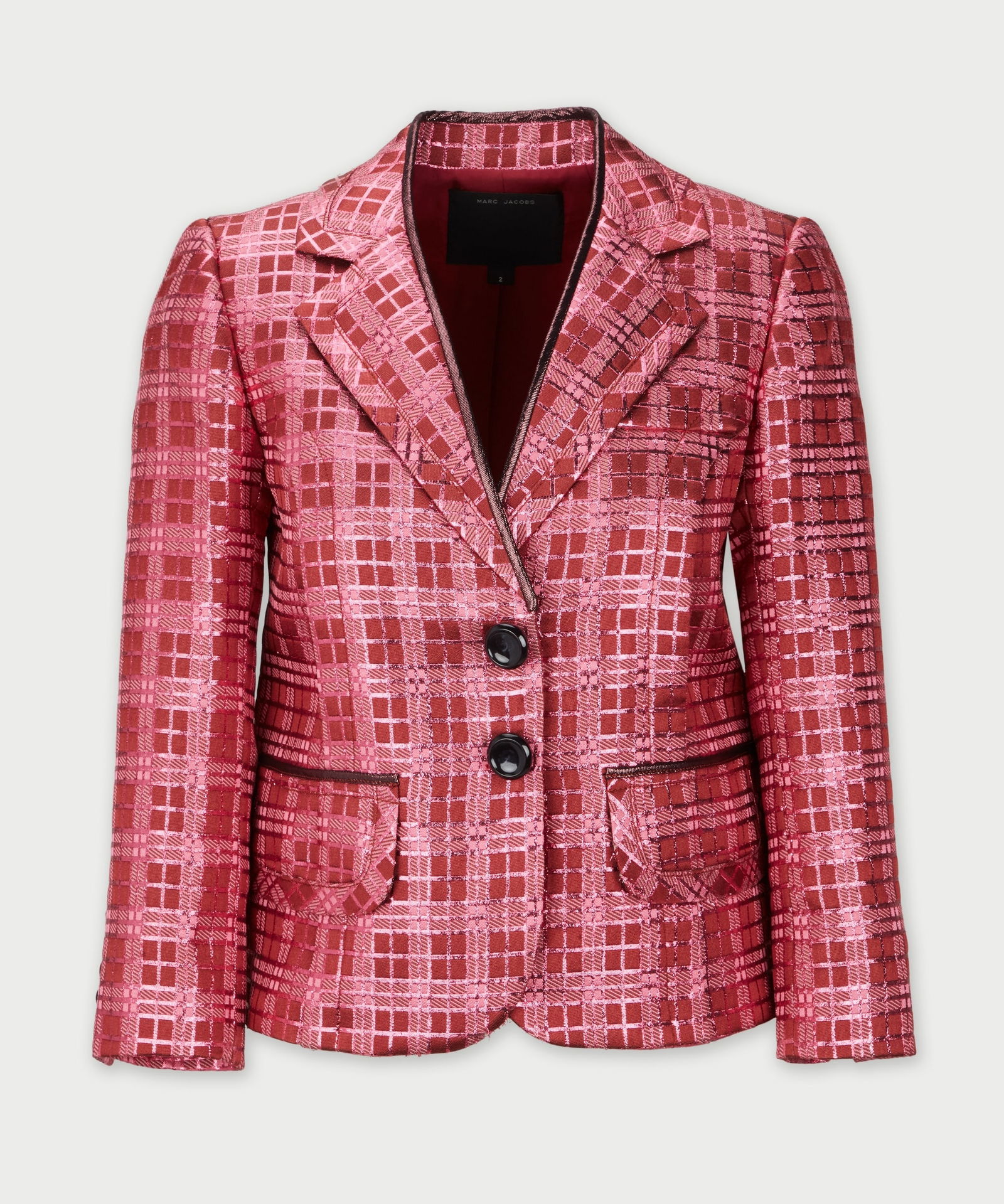 Marc Jacobs | 2013 Resort Fuchsia Jacquard Jacket: Marc Jacobs single breasted jacket from the Resort 2013 collection. The jacket was featured in a coat style modeled by Melissa Stasiuk (look 16).A polyester blend fuchsia jacquard jacket with a check