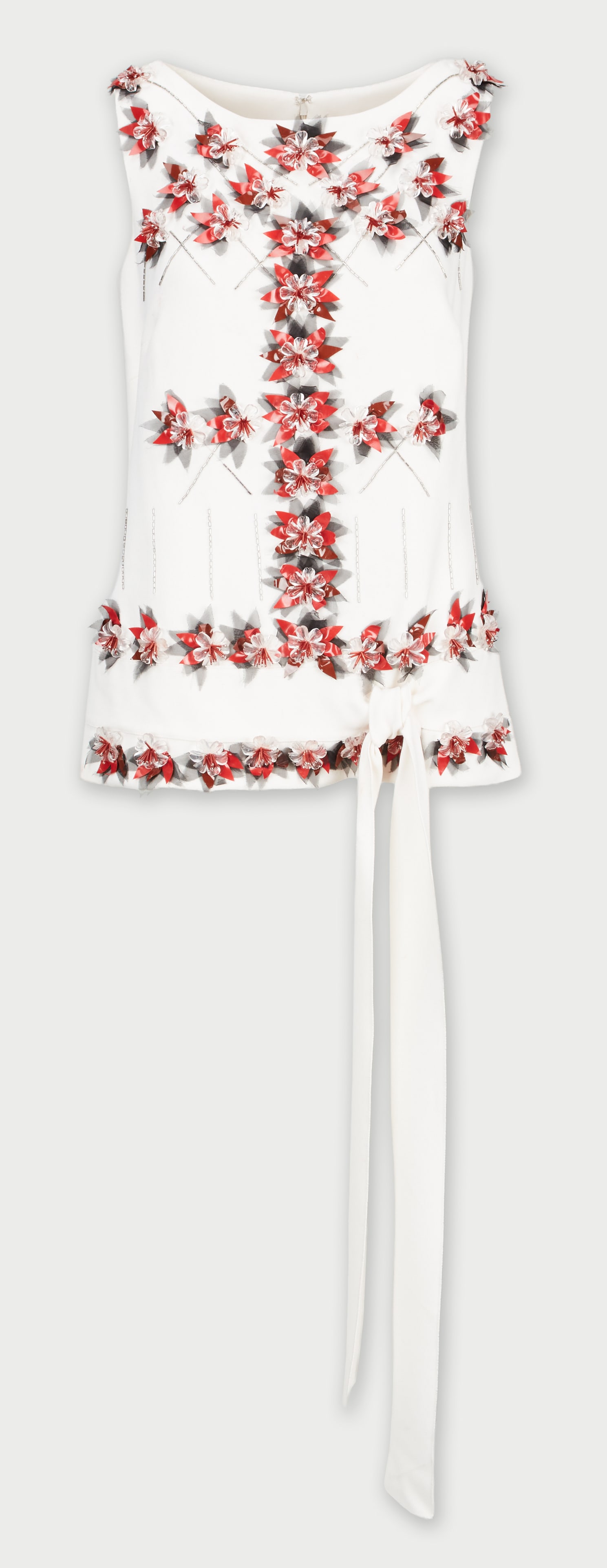 Carolina Herrera New York | Mini Dress: Carolina Herrera New York mini dress.This is a sleeveless ivory wool crepe mini dress. It features an 3D floral motif composed of crimson and charcoal laser-cut sequin petals, accented by clear beaded