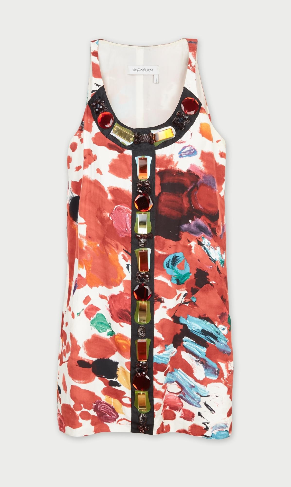 Yves Saint Laurent | 2008 Resort Collection Patterned. Embellished Dress: Yves Saint Laurent mid length dress from the Resort 2008 collection (look 9). In the style of what Cary Bradshaw wore in the Sex in the City Movie.The cotton silk blend dress features an abstract pain