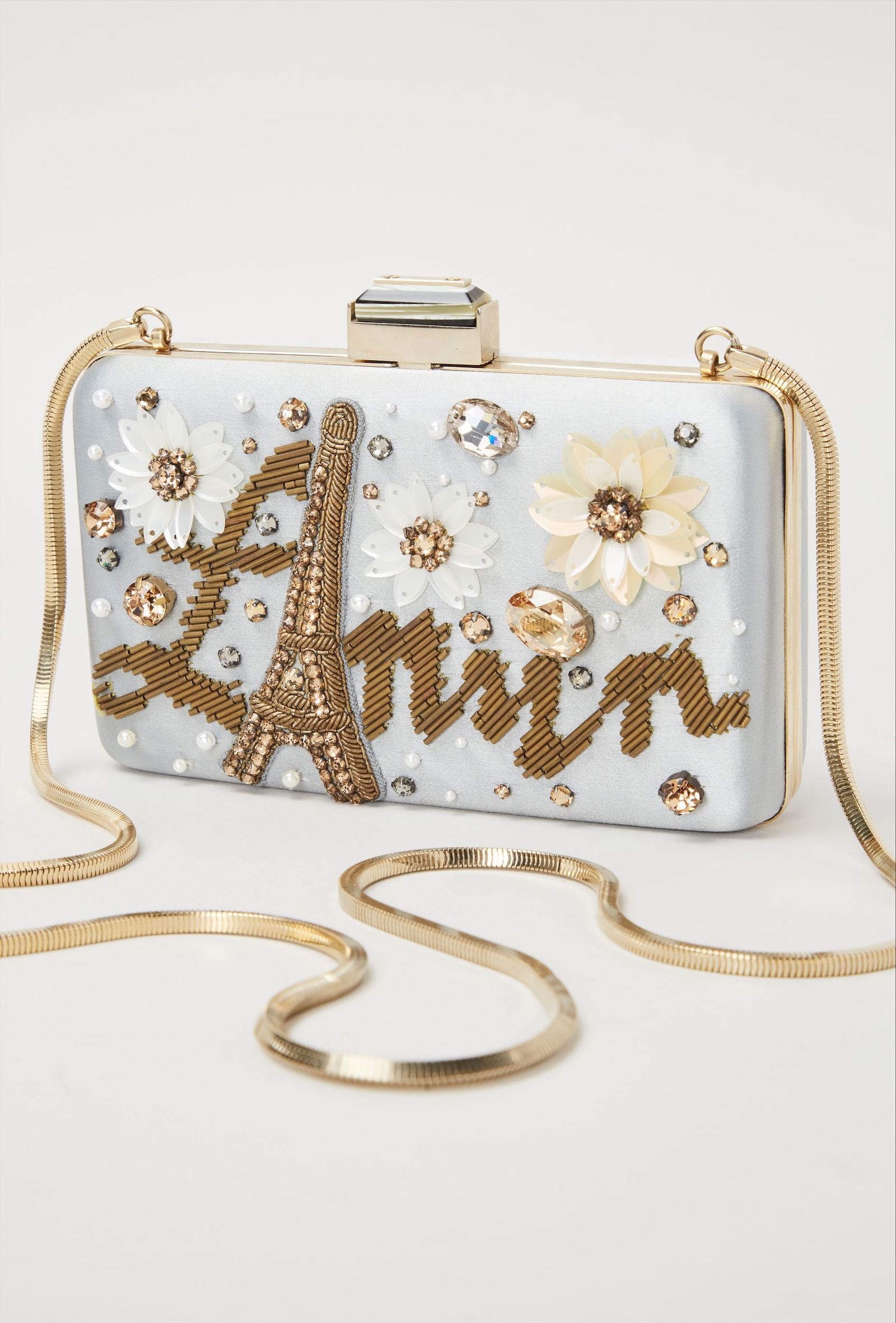 Lanvin Paris | Embellished Chain Clutch: Lanvin Paris light blue stain embellished chain clutch.Structured rectangular hard-case with gold-tone metal frame, round edges, and a lift-lock top clasp. The front panel is fully embellished with