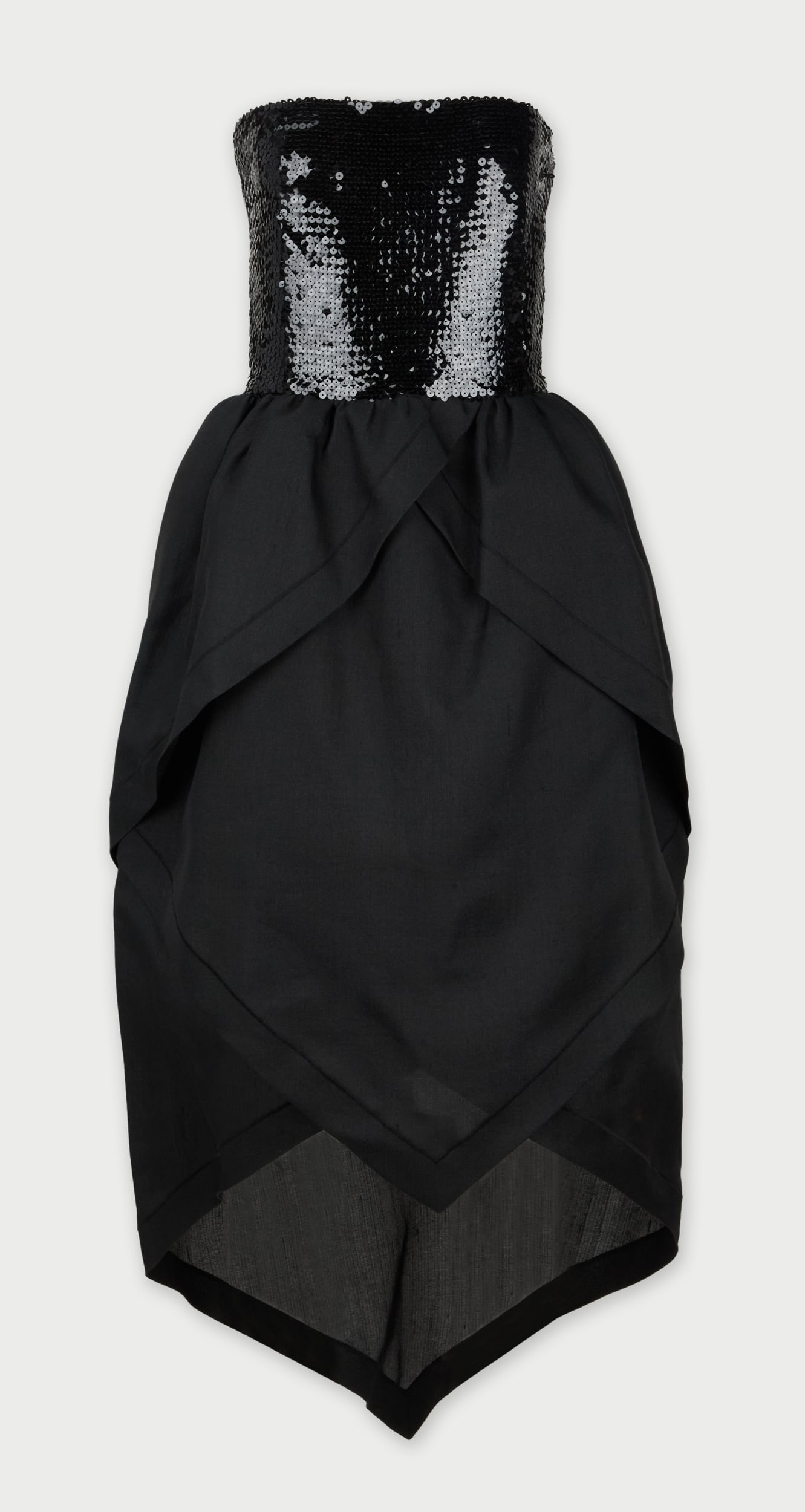 Pierre Cardin | 1980s Sequin Bustier and Layered Gazaar Tulip Style Skirt Evening Gown: Pierre Cardin sequin bustier and layered gazaar tulip style skirt evening gown circa 1980s.A silk linen scrim organza black dress featuring a straight neckline and fitted bodice fully embellished