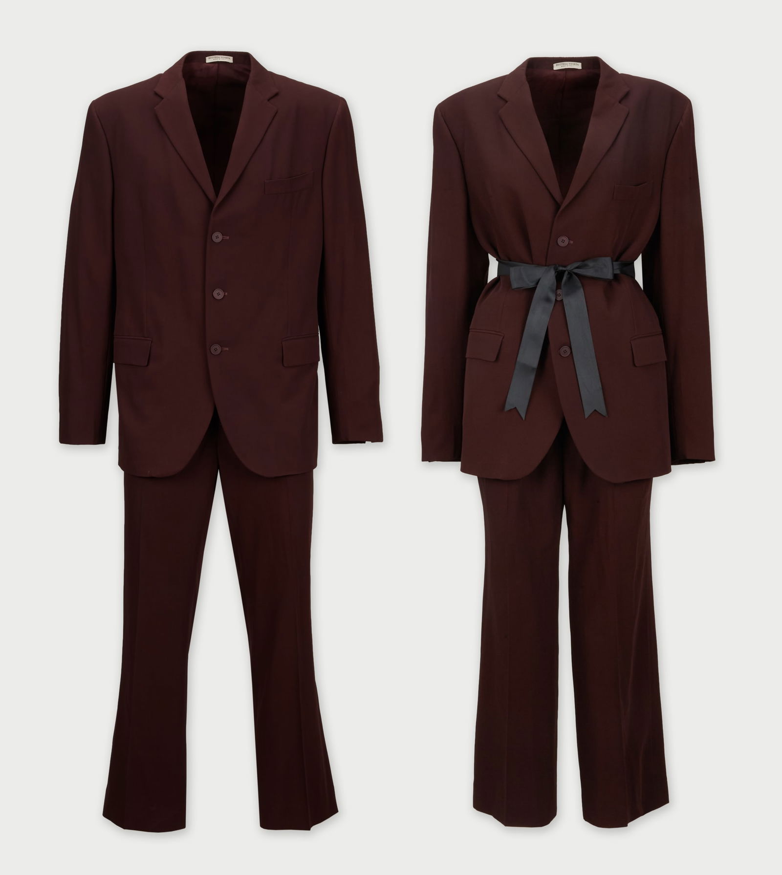 Bottega Veneta | Burgundy Suit: A suit jacket and dress pant ensemble designed by Bottega Veneta, from the collection of Cameron Silver. Also, seen worn by Actor Zachary Quito at the Bottega Veneta Hammer Museum Gala in Westwood, CA