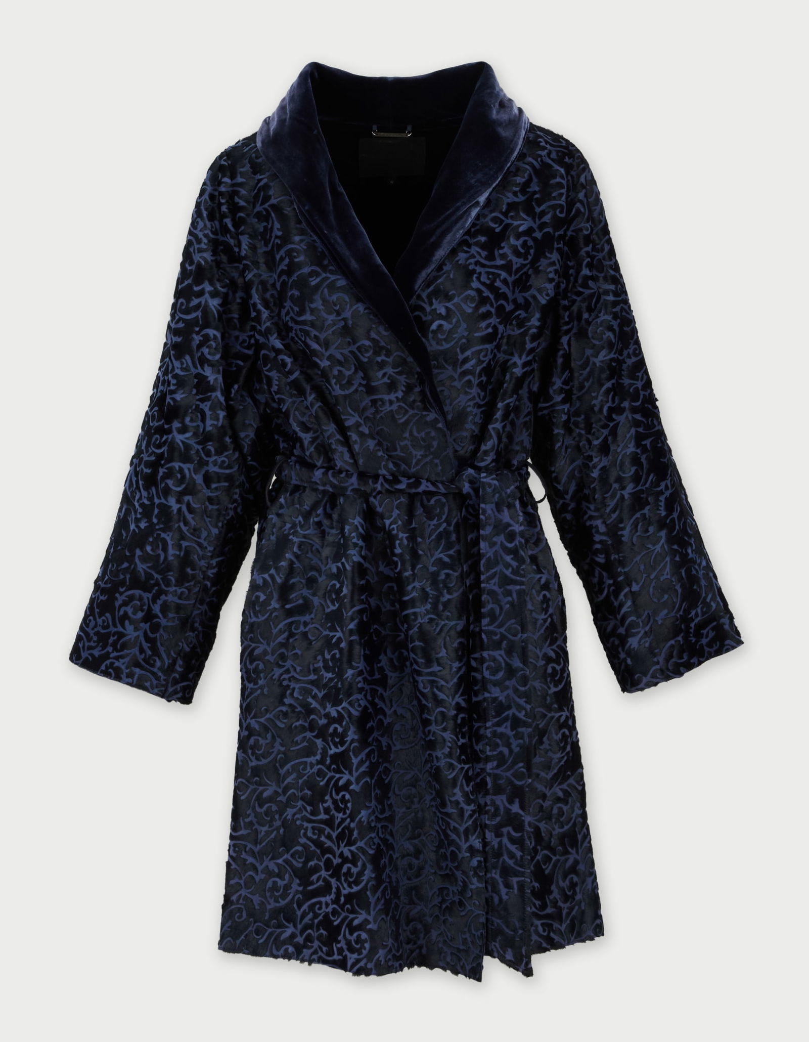 Giorgio Armani | Paisley Print Velvet Robe: Giorgio Armani velvet robe.Navy velvet robe with light blue paisley print, featuring long sleeves, a peak lapel and collar, and a self-tie belt at the waist. Lined in navy, with a Giorgio Armani ̶
