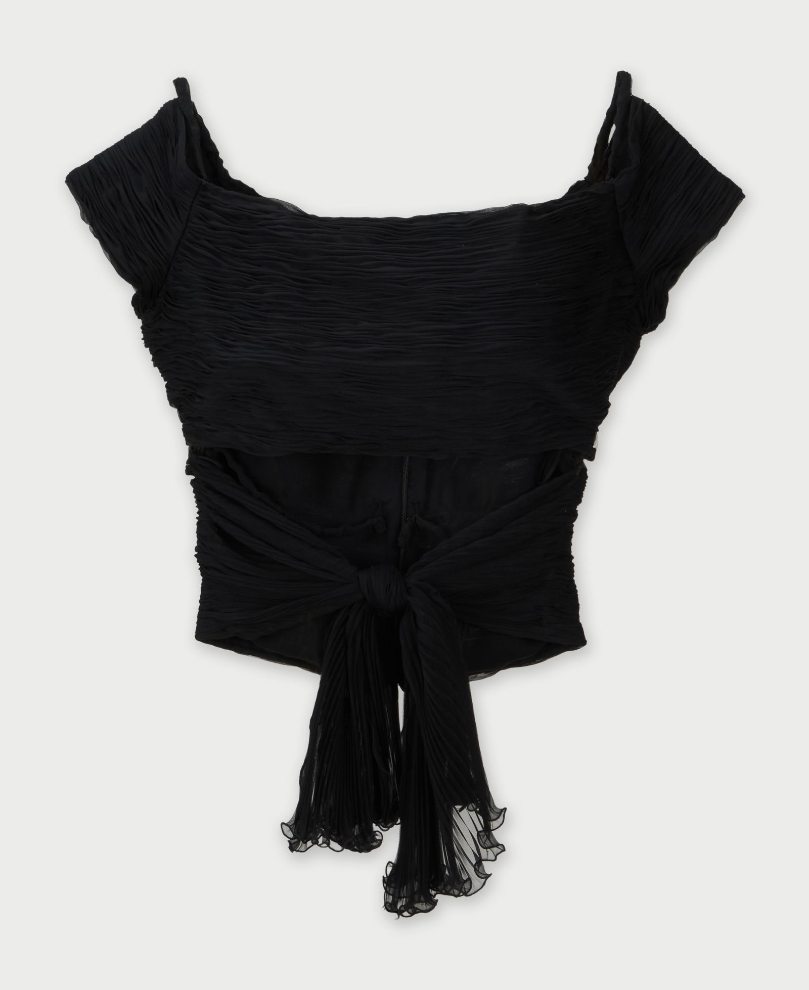 Valentino | 2003 Spring Black Silk Crop Top: A Valentino hand-gathered black silk-chiffon tie-front crop top from the Spring 2003 Ready to Wear collection, modeled in white by Gisele Bundchen, designed by founder Valentino Garavani (look 75).&nb