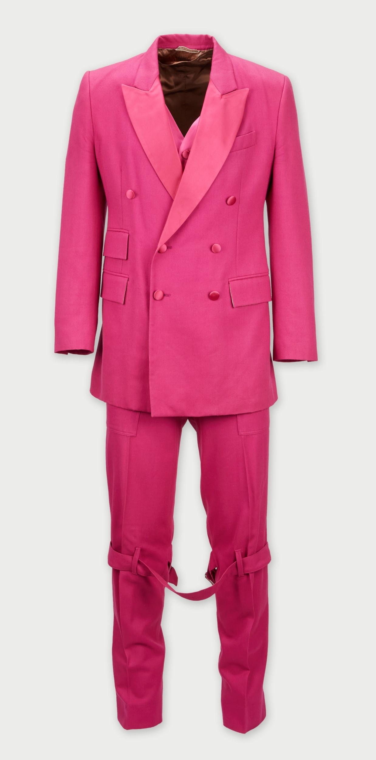 Vivienne Westwood | 1993 Fall Hot Pink Suit: A tailored three-piece hot pink suit designed by Vivienne Westwood for the Fall 1993 Anglomania Ready to Wear collection, modeled by Yasmin Le Bon (Look 39), from the collection of Cameron