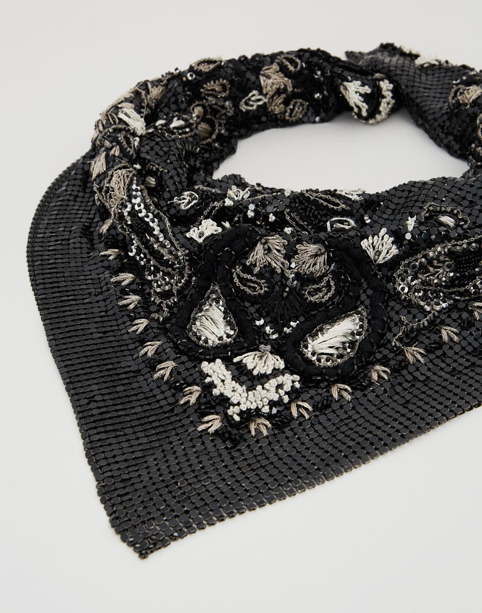 Yves Saint Laurent | 2019 Mesh Paisley Bandana Necklace: A Yves Saint Laurent mesh embellished bandana with a paisley motif, designed for the 2019 spring men's ready-to-wear collection by Anthony Vacarello. A black mesh bib (handkerchief) with