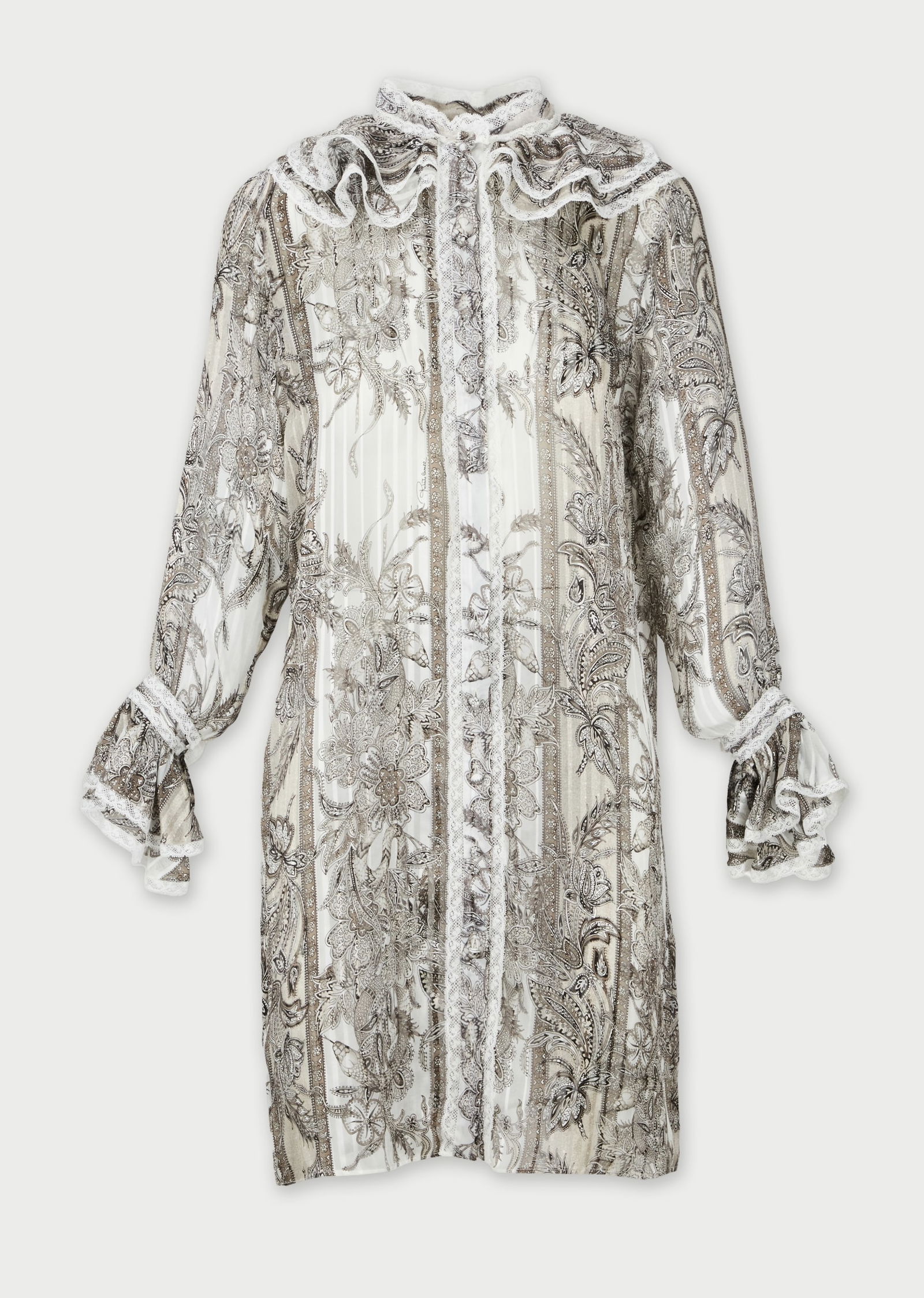 Roberto Cavalli | Sheer Paisly Dress Shirt: Roberto Cavalli sheer paisley dress shirt.A lightweight, semi-sheer dress featuring an intricate black-and-white paisley print throughout. Designed with a soft pointed collar trimmed in delicate