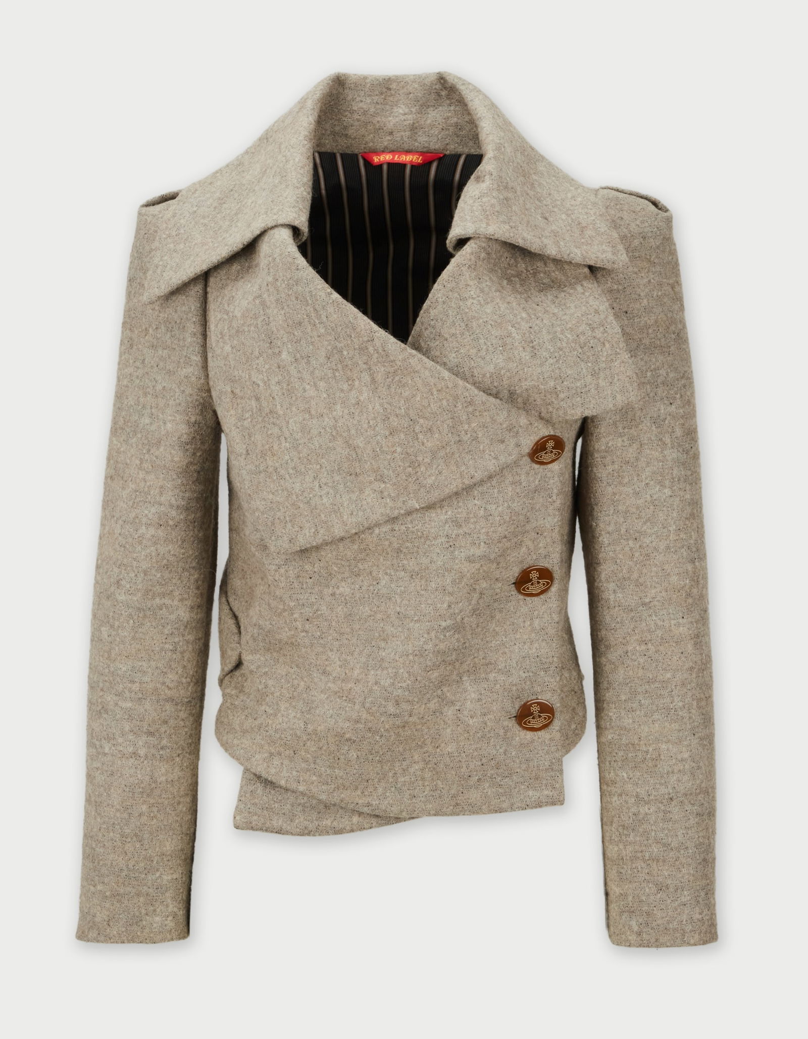 Vivienne Westwood | 2010 Cropped Red Label Jacket: A cropped Vivienne Westwood Red Label jacket with an asymmetric closure from the fall 2010 runway collection, look 9, worn by model Sigail Currie. Tim Blanks covered the show remarked how Westwood's