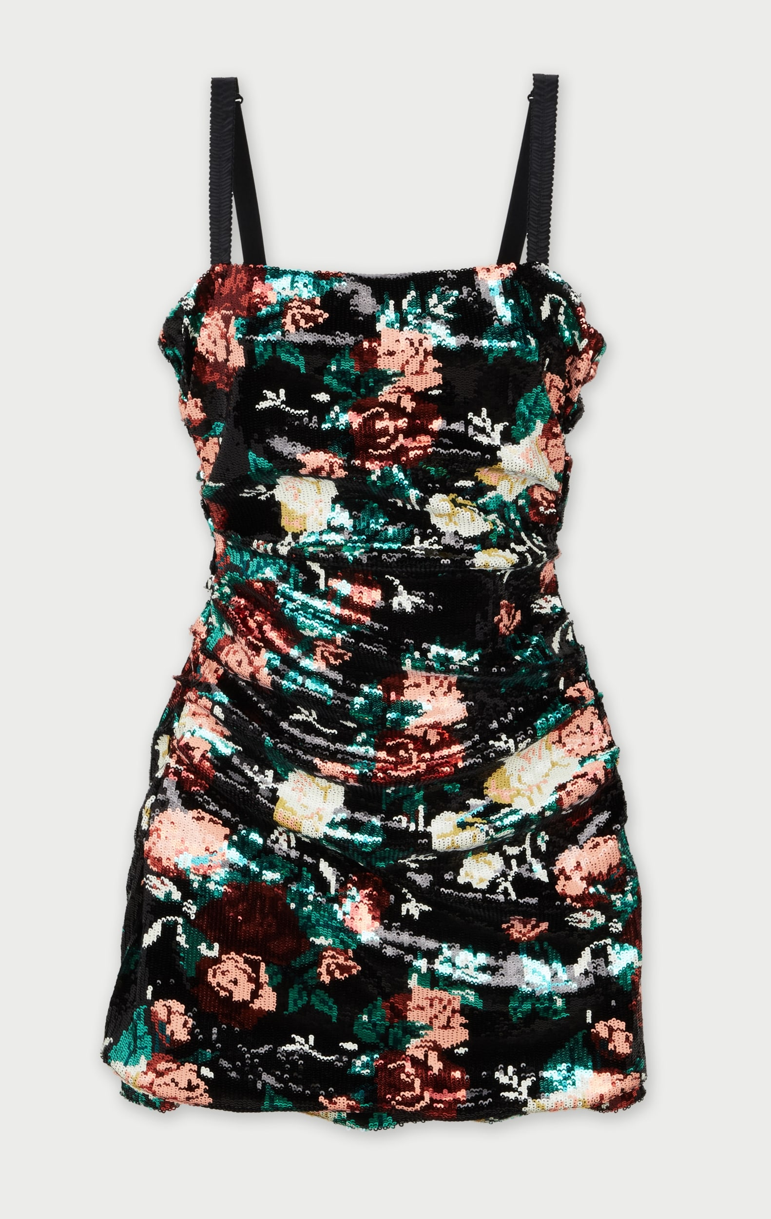 Dolce and Gabbana | Ruche Sequined Rose Mini Dress: Dolce & Gabbana ruche sequined rose mini dress. A fully sequin black polyester mini dress featuring a vibrant multicolor floral print. Designed with adjustable silk straps and a silk-lined