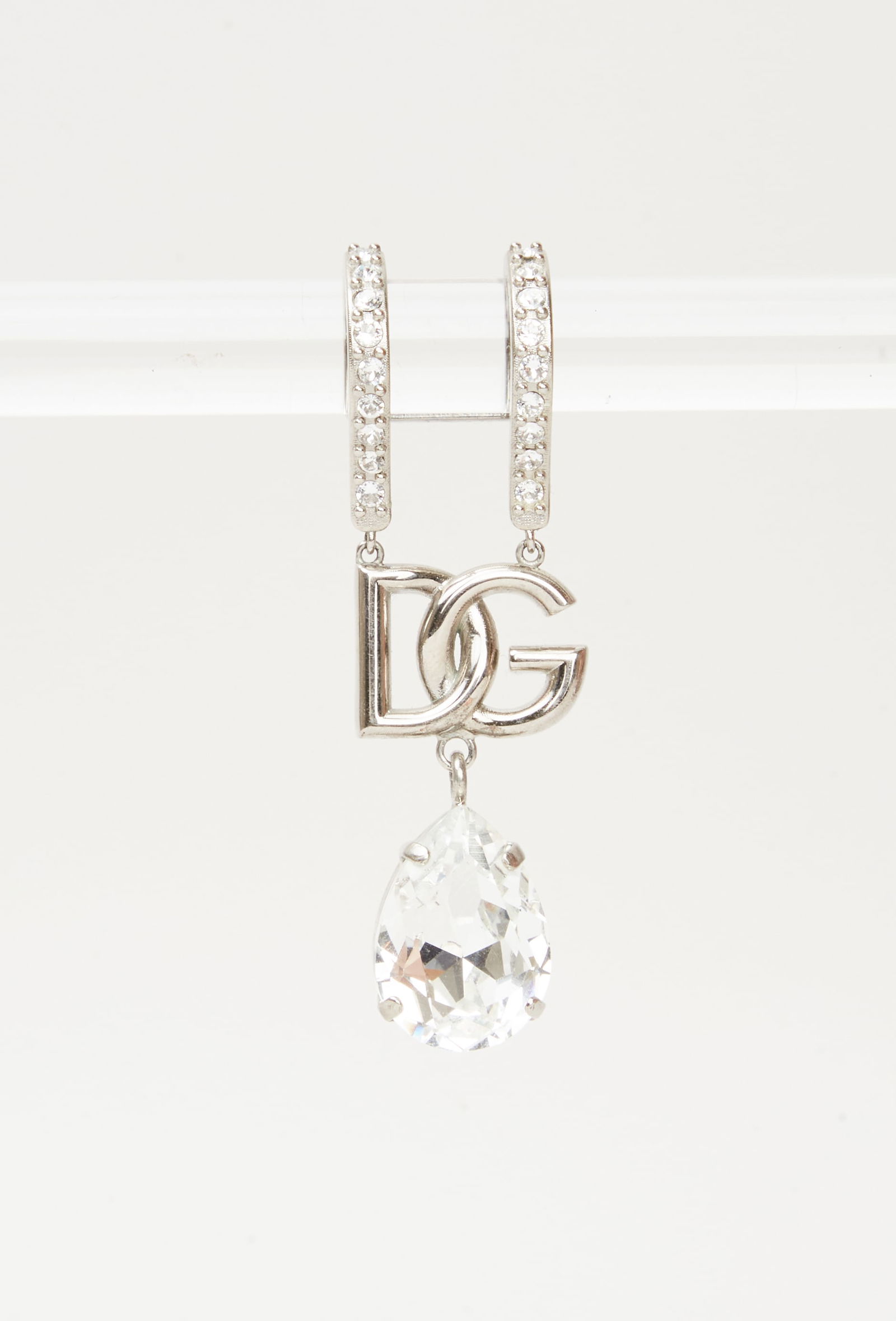 Dolce and Gabbana | Diamond Peal Enhancer: Dolce & Gabbana, silver-tone and simulated diamond pearl enhancer from the collection of Cameron Silver.Designed as a silver-tone hook suspending a D&G; logo link, with a pear-shaped simulated