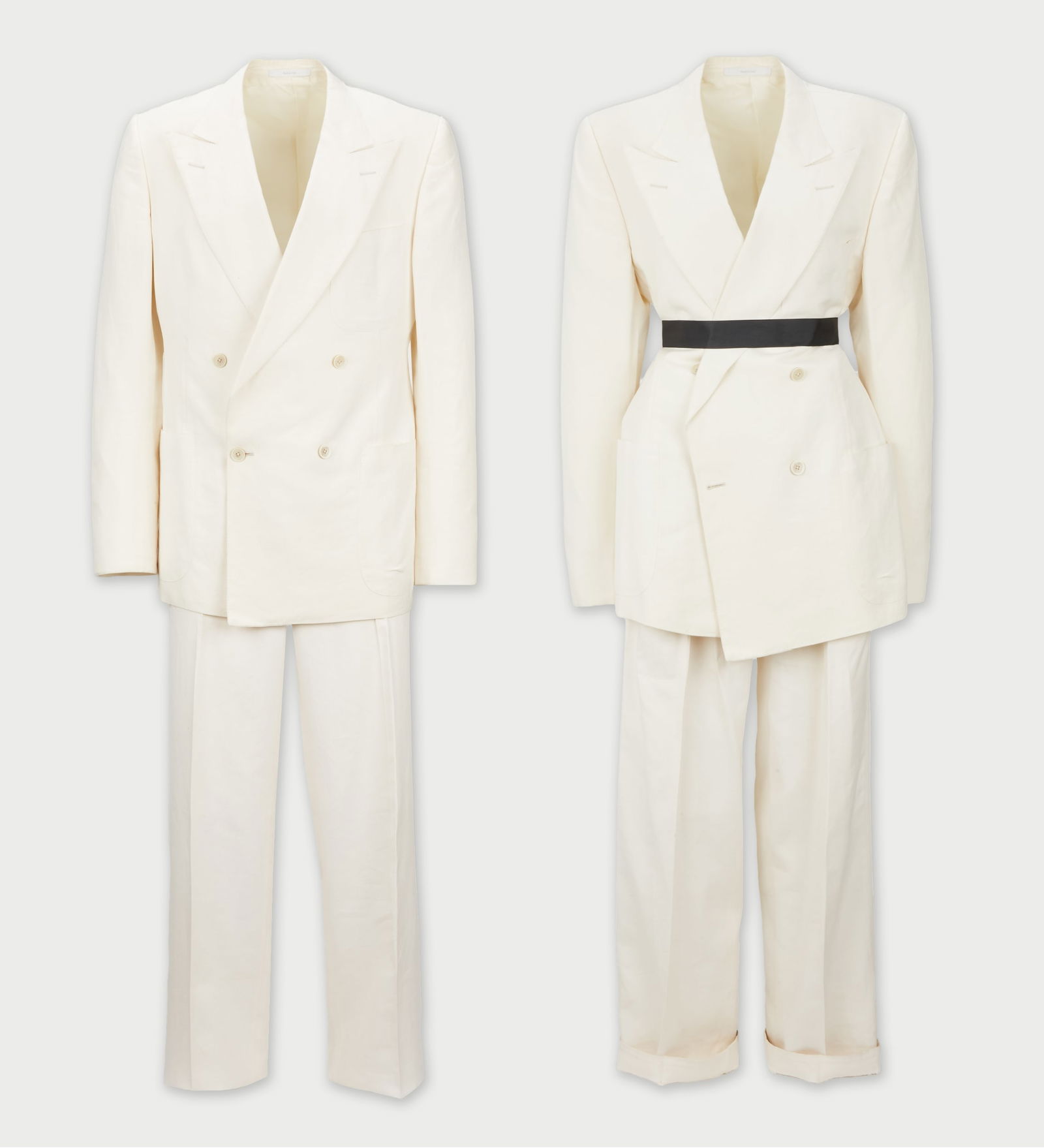 Gucci | White Jacket and Trousers: A single-breasted jacket and tailored trouser ensemble designed by Gucci, from the collection of Cameron Silver. A white silk and bamboo blend. The jacket features a single-breasted cut with an