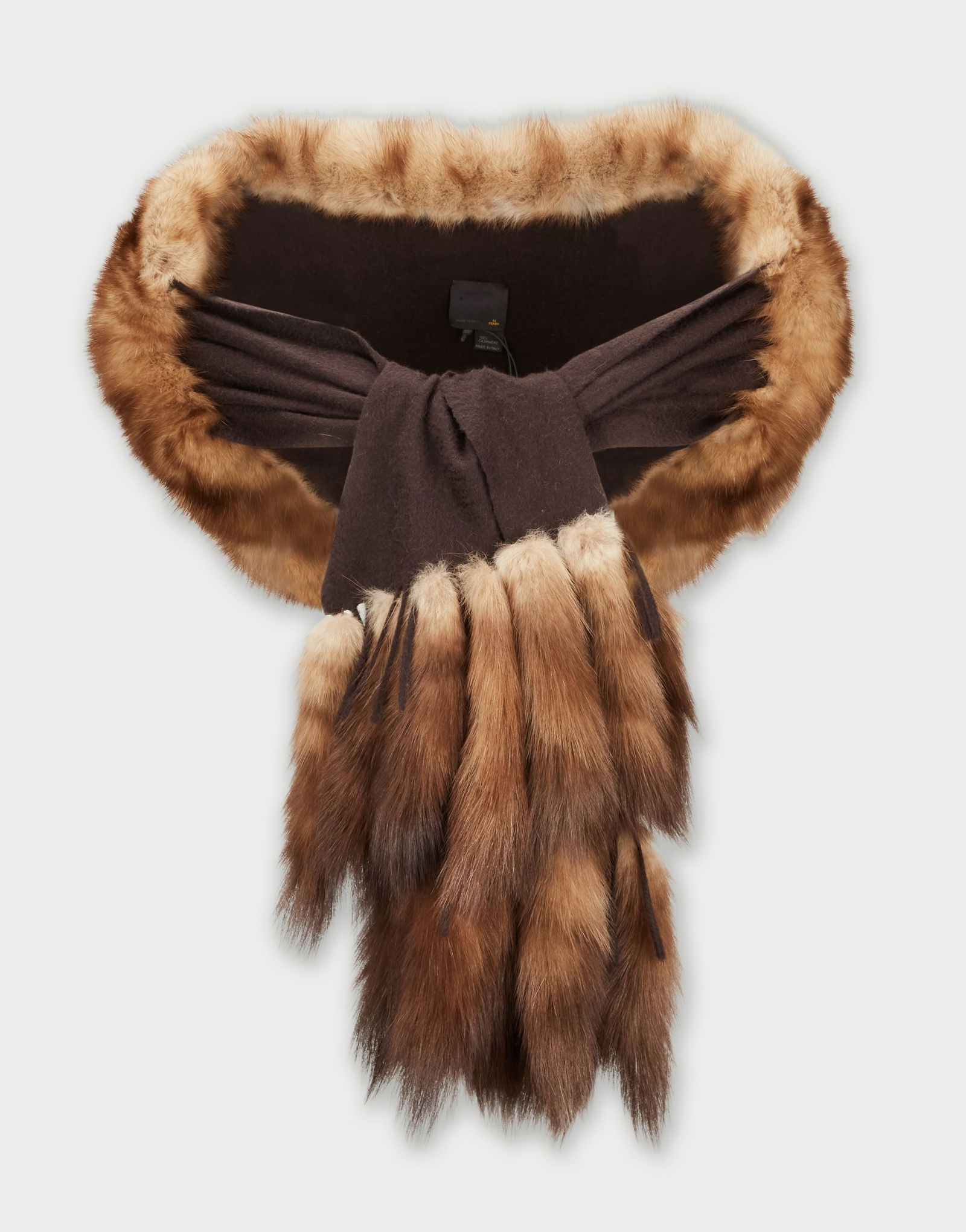 Fendi | Brown Cashmere Shawl: A long brown cashmere shawl designed by Fendi, from the collection of Cameron Silver. Crafted in a brown cashmere fabric that falls with a fluid drape, the piece is trimmed in golden-brown fur