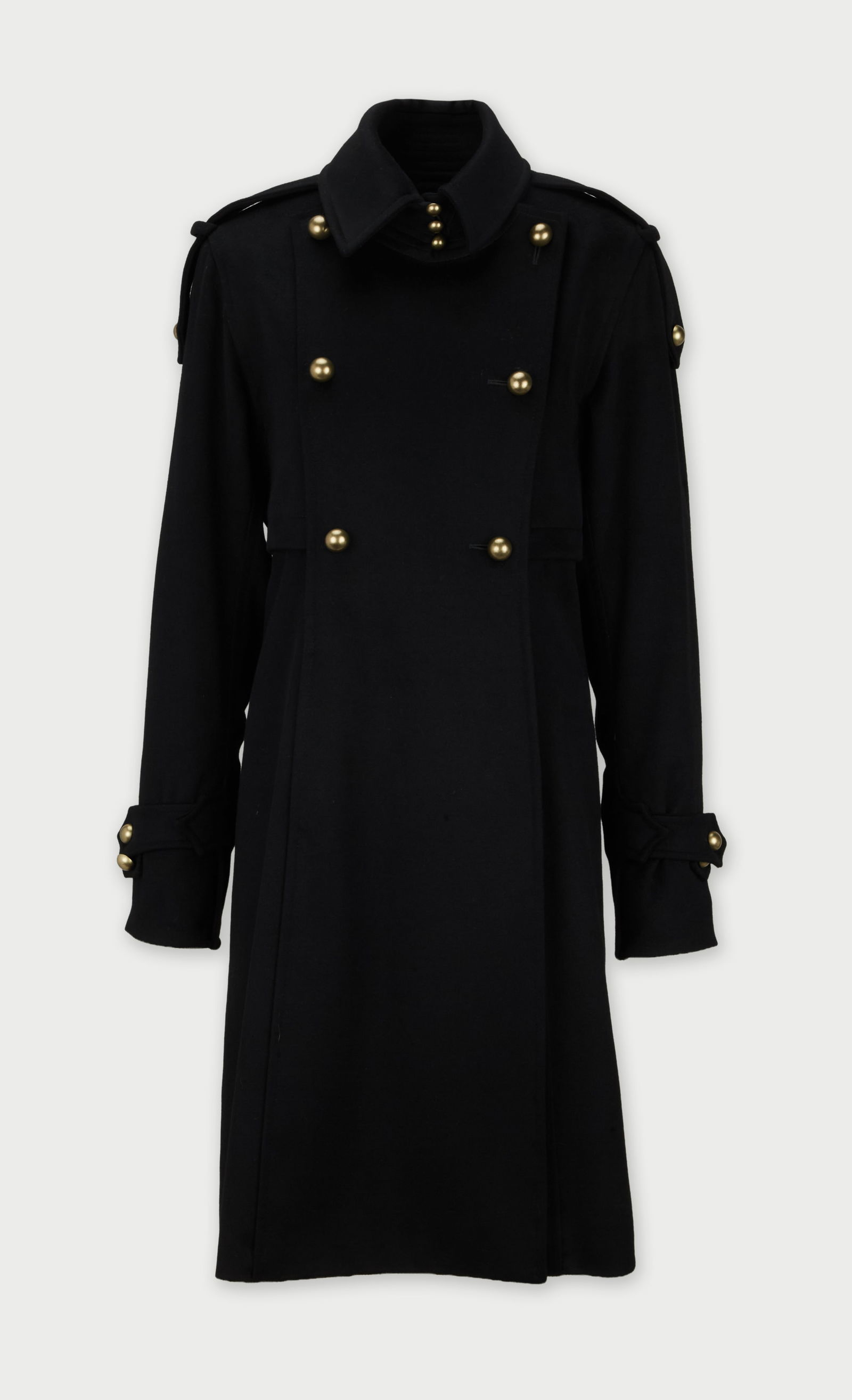 Yves Saint Laurent | 2005 Black Wool Coat: A Yves Saint Laurent black wool military coat circa 2005 with gold-tone buttons. A knee length 100% wool coat designed in a classic double-breasted silhouette. It features a sharp notched collar