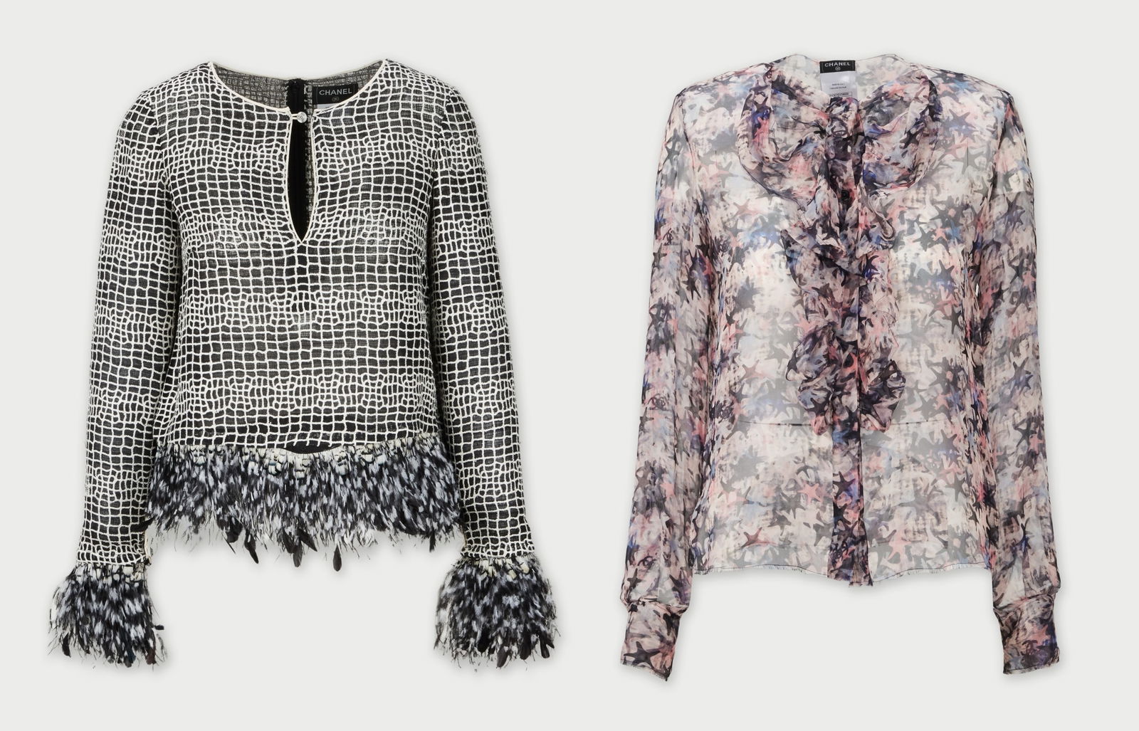 Chanel | Set of Two Blouses: The Chanel semi-sheer silk blouse features an abstract multicolor pink print. Designed with a round neckline, long sleeve, and Chanel CC button cuffs. Front button closure with soft draped ruffle