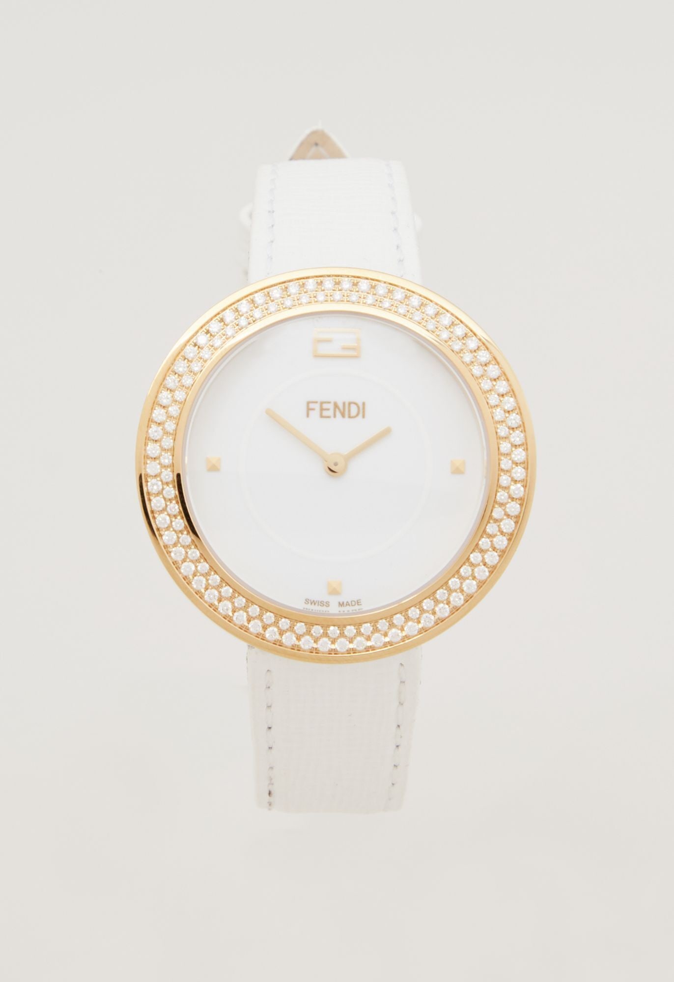Fendi | My Way Watch: This is a Fendi My Way watch with a circular face and a white leather band. One certificate attests to the gems used which include 108 diamonds full cut 32/24 0.83 carat. The watch is new with tags