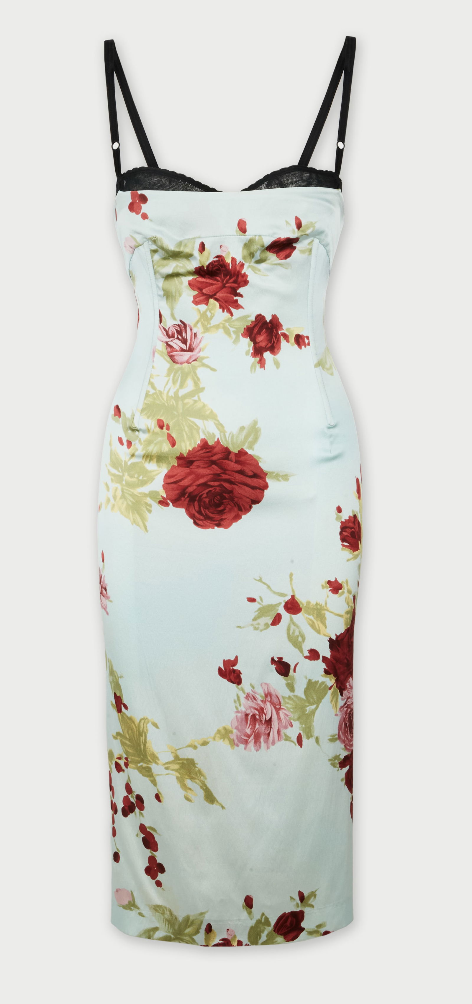 Dolce and Gabbana | 1999 Spring Summer Collection Floral Body-Con Dress: Dolce and Gabbana satin floral print midi dress from the 1999 Spring Ready to Wear Collection. Sarah Jessica Parker wore this printed style as a top in Sex and the City, episode 2x10, “The