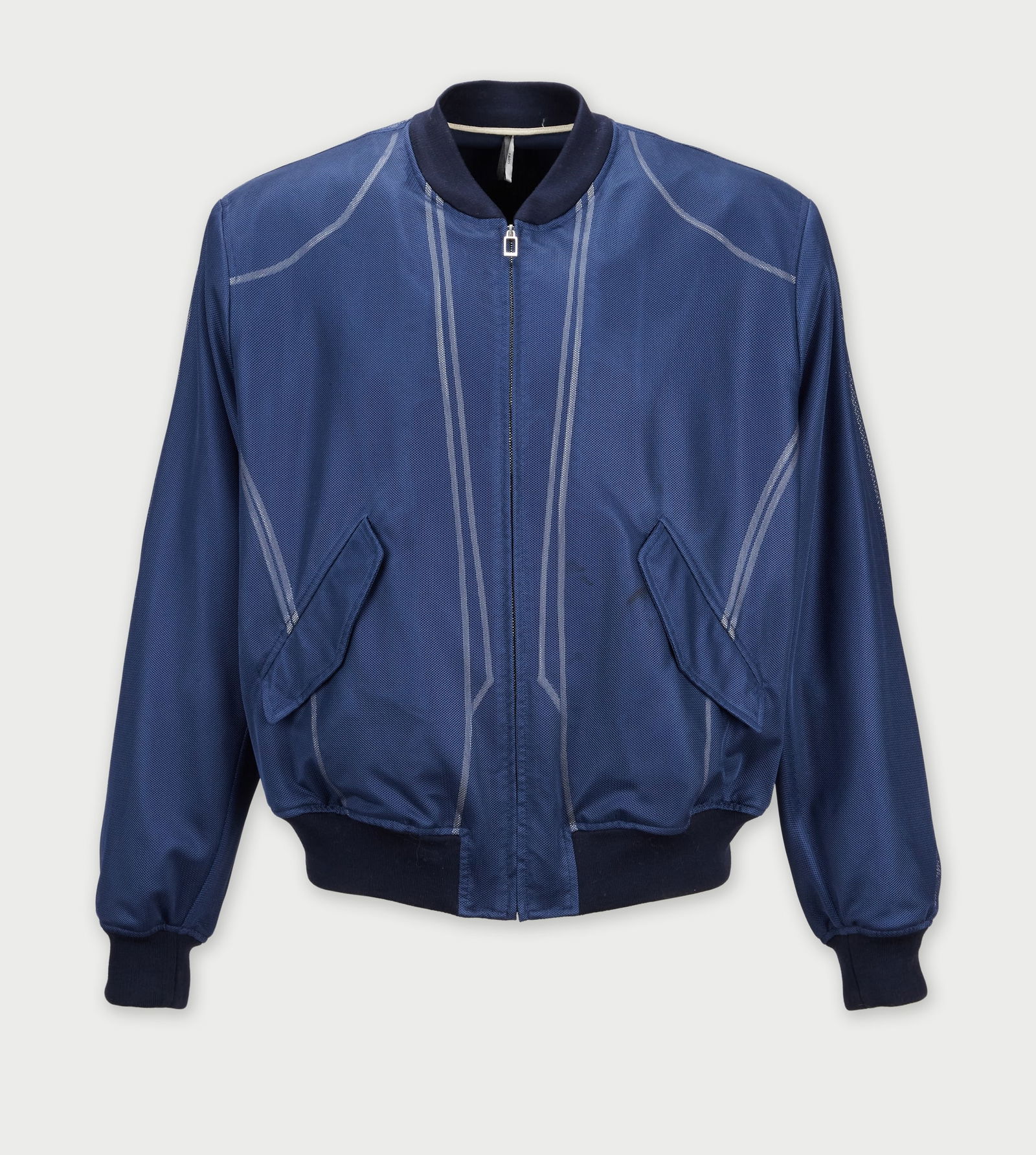 Dior | Blue Bomber Jacket: A bomber jacket designed by Dior. From the collection of Cameron Silver. Crafted in a finely woven dark blue, mesh fabric, the piece is distinguished by striking white vertical stripes running