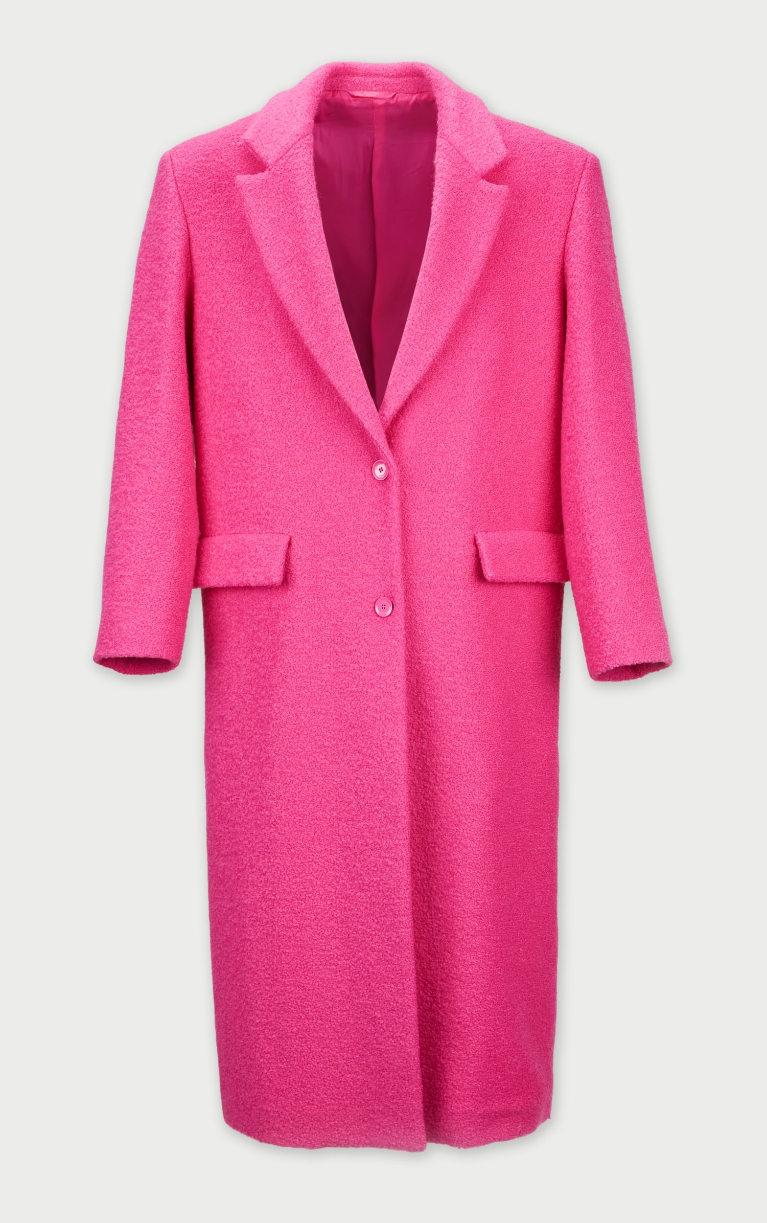 Valentino | 2022 Pink Sherpa Coat: A floor-length sherpa-style overcoat designed by Valentino, from the Fall Ready to Wear 2022 runway collection, is from the collection of renowned collector Cameron Silver.A wool blend vibrant hot
