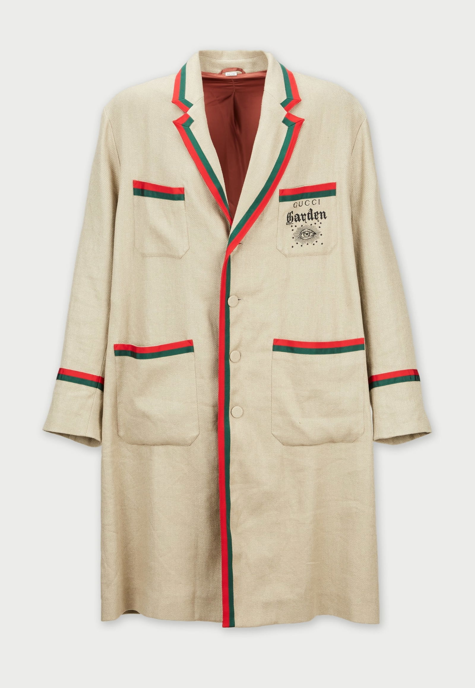Gucci | Beige Garden Coat: A Gucci long beige coat, from the collection of Cameron Silver.Crafted in a lightweight linen and cotton blend, the piece features a self-tie fabric belt for cinching the waist. The coat is trimmed