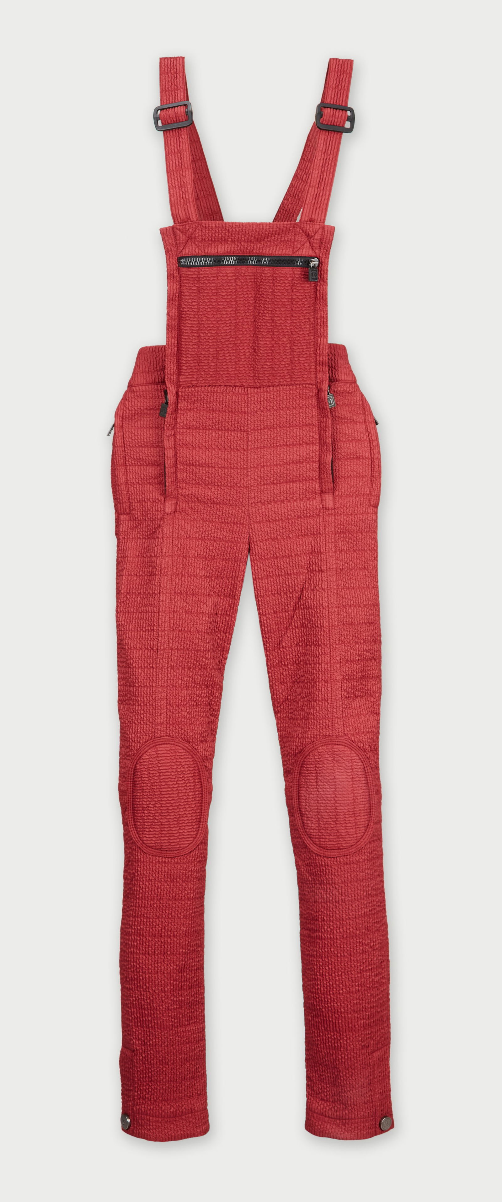 Chanel | 2000s Overall Ski Suit: This is a Chanel overall ski suit with logo from the 2000s, designed during Karl Lagerfeld's tenure as creative director. These crimson polyamide bib trousers, compressive fit. The high-waisted