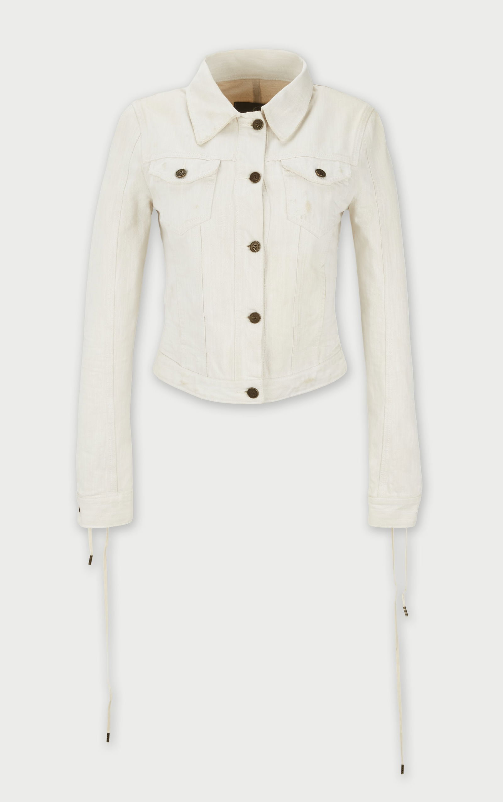 Alexander McQueen | Denim Jacket with Lacing Detail: Alexander McQueen denim jacket with lacing detail.Denim off-white jacket featuring a pointed collar, front button closure with metal buttons, and dual chest flap pockets. Long, fitted sleeves with