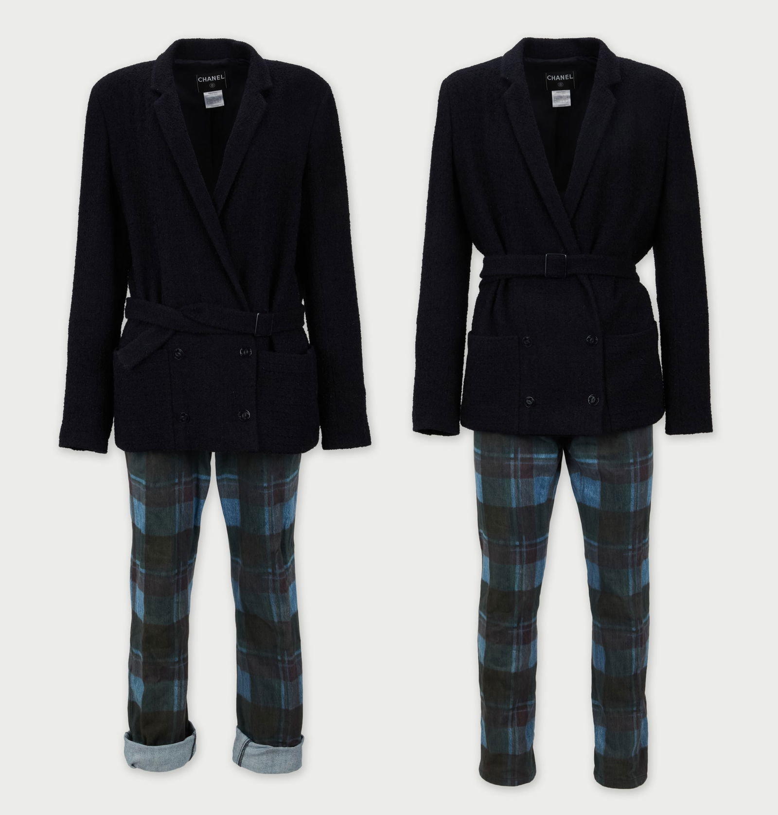 Chanel | 2007 Resort Boucle Jacket & 2013 Pre-Fall Pants: A Chanel ensemble with a cardigan style jacket from 2007 Resort collection (look 18) and a rare Métiers d’Art denim pants, from the 2013 Runway Pre-Fall collection (look 56) from the