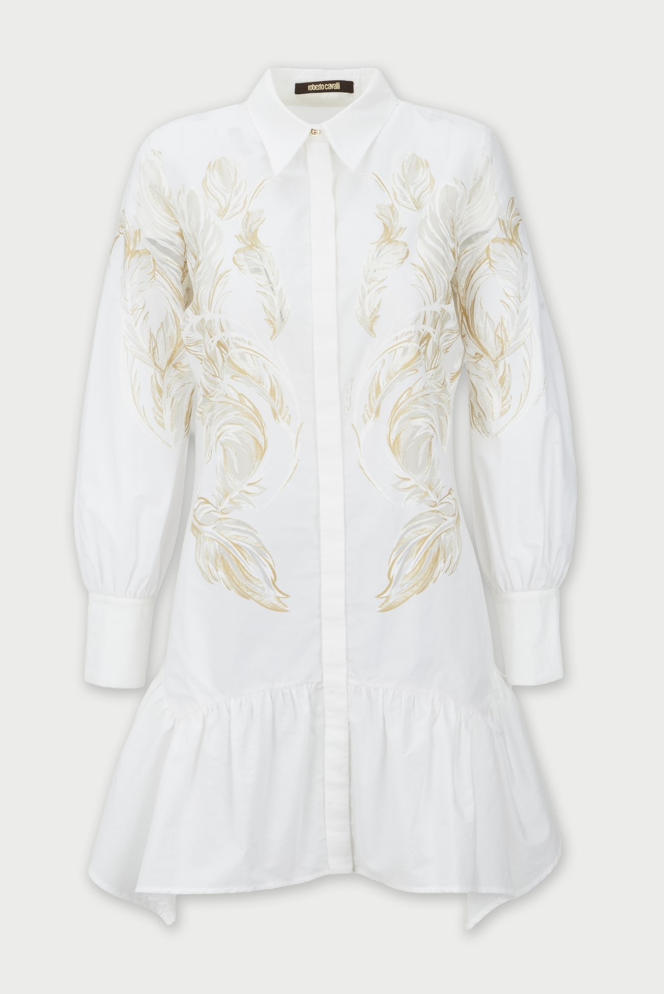 Roberto Cavalli | Brasso Feather Print Dress Shirt: Roberto Cavalli white brasso feather print dress shirt. The white cotton blend dress shirt features a brasso feather print. It has a collar long cuff sleeves with gold-tone buttons hidden button
