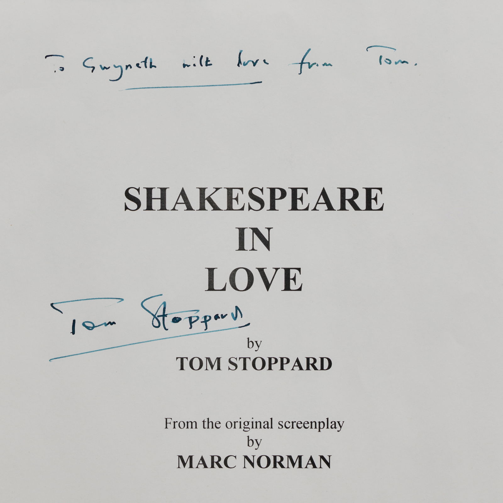 Gwyneth Paltrow | Shakespeare in Love Screenplay Signed by Tom Stoppard: A screenplay cover of Shakespeare in Love by Tom Stoppard, signed by Tom Stoppard and dedicated to Gwyneth Paltrow. From the original screenplay by Marc Norman. Shakepen Productions, Shepperton S