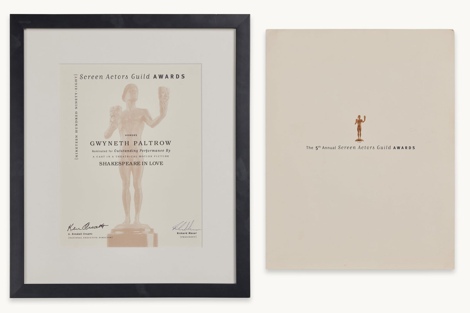 Gwyneth Paltrow | 1998 Screen Actors Guild Awards Nomination Certificates: A set of two 1998 Screen Actors Guild Award Certificates for the 5th Annual Ceremony honoring Gwyneth Paltrow for her role as Viola De Lesseps in Shakespeare in Love (1998, Miramax).The nomination for