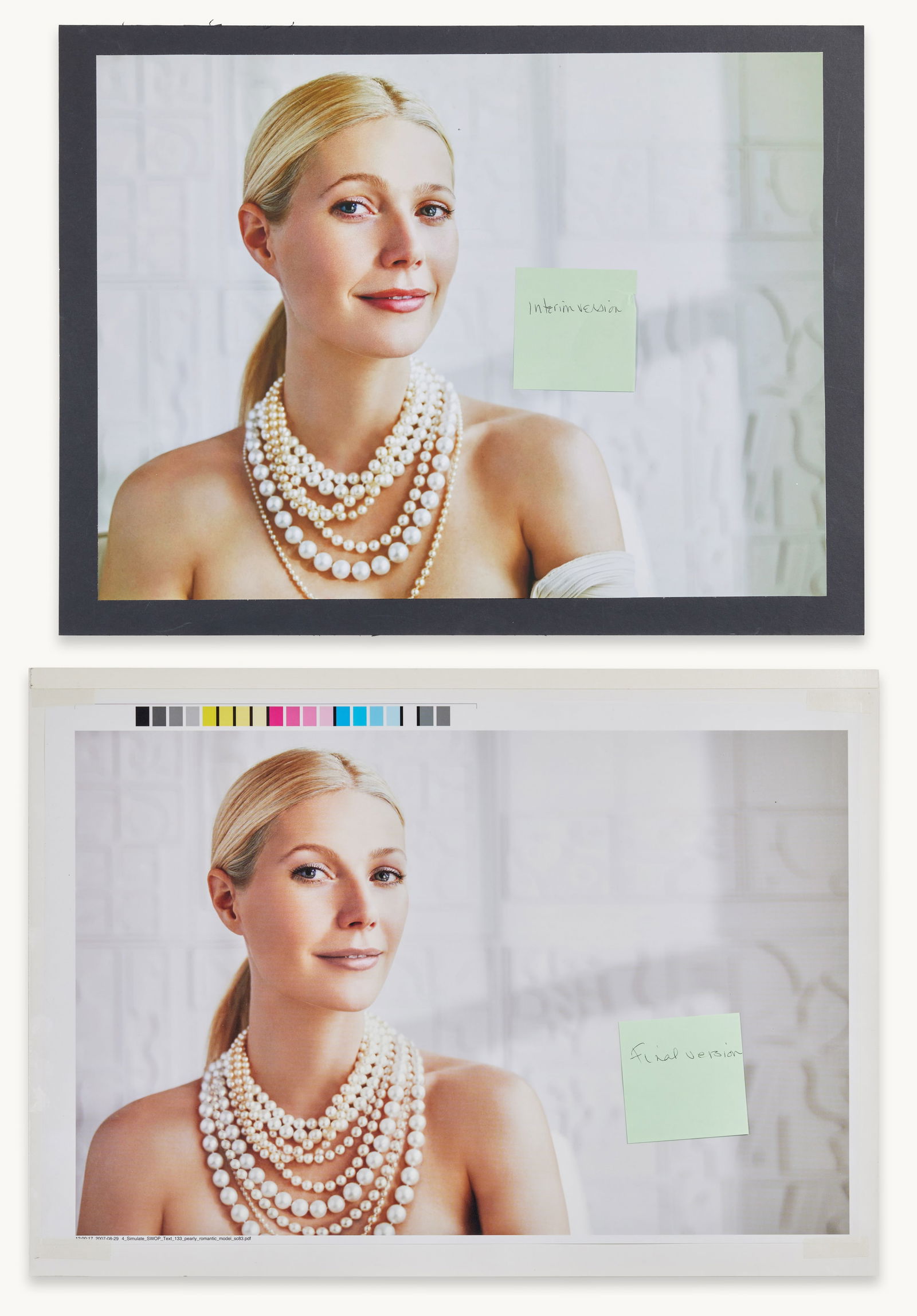 Gwyneth Paltrow | 2007 Estee Lauder Photograph Prints: This lot has two photograph prints of Gwyneth Paltrow dated August 29, 2007, wearing layered pearl necklaces with her hair parted and pulled back into a low ponytail. The final version has a handwritt
